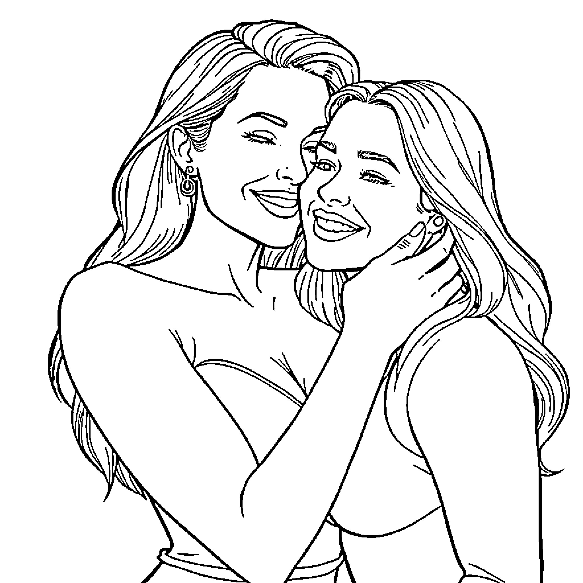 Megan Fox and friend sharing a happy moment Coloring Page (free black-and-white line drawing printable PDF for all, from beginners to advanced learners, including children, teens, adults, and seniors)