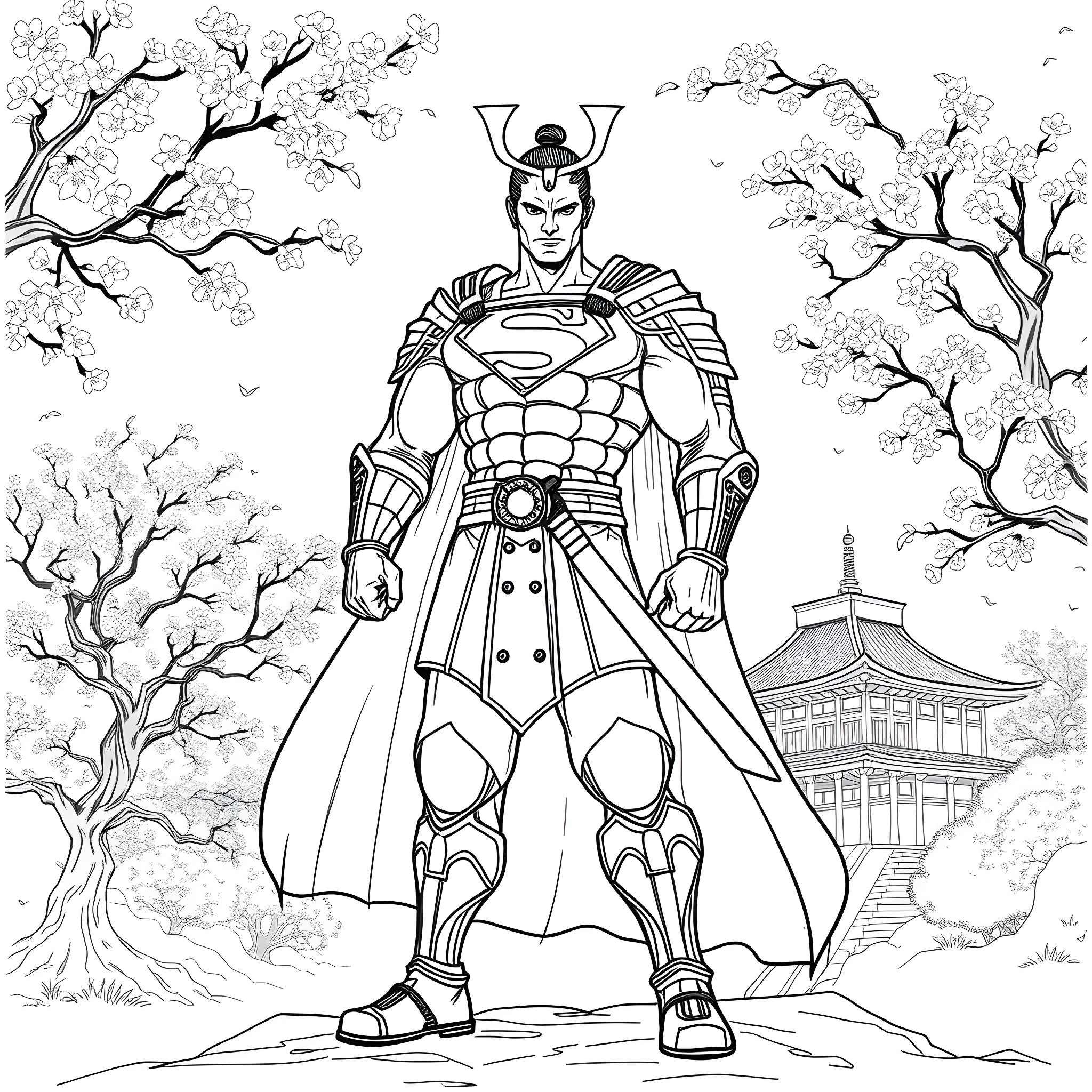 Superman in Samurai Armor Standing Tall in Nature Coloring Page (free black-and-white line drawing printable PDF for all, from beginners to advanced learners, including children, teens, adults, and seniors)