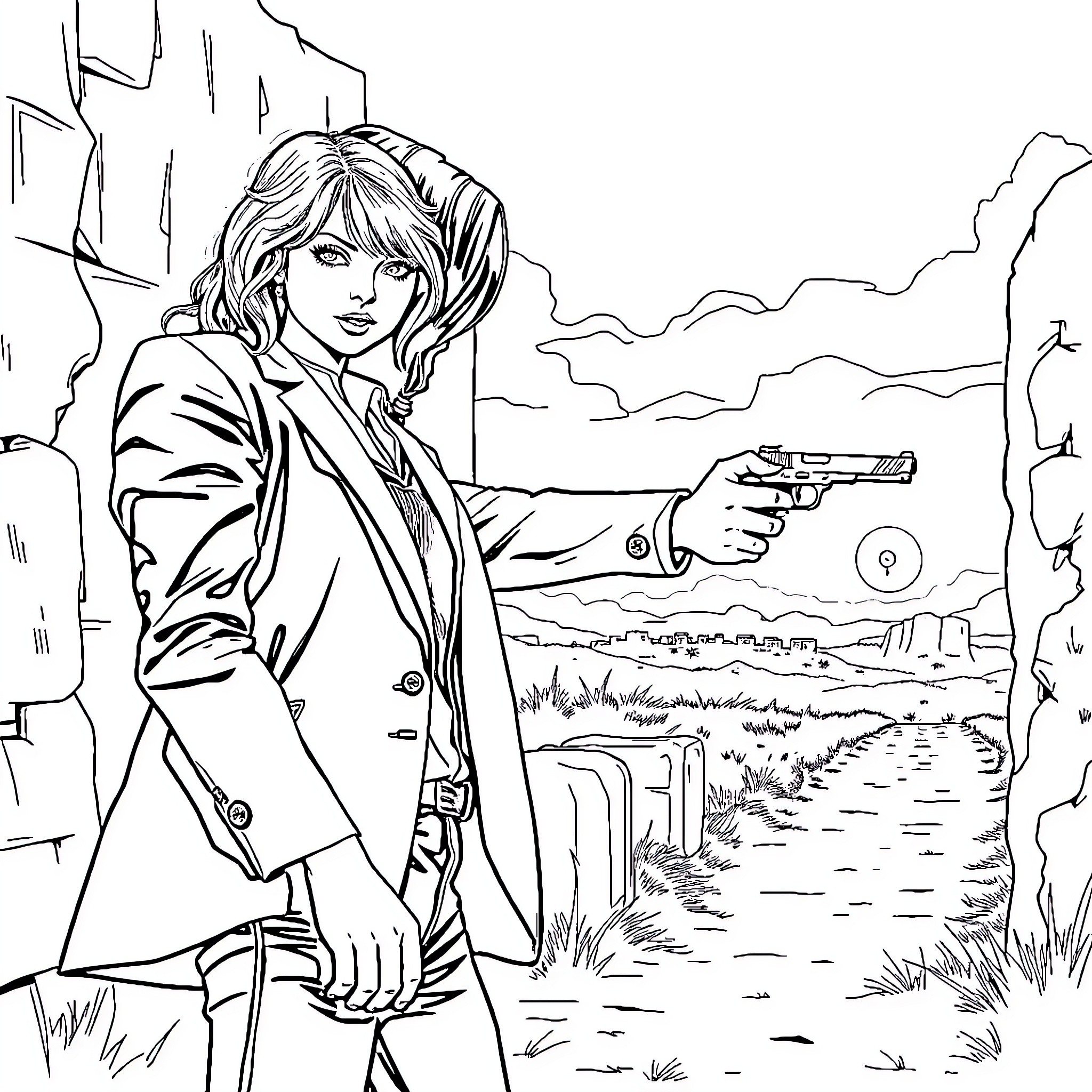 Taylor Swift in action-packed adventure scene Coloring Page (free black-and-white line drawing printable PDF for all, from beginners to advanced learners, including children, teens, adults, and seniors)