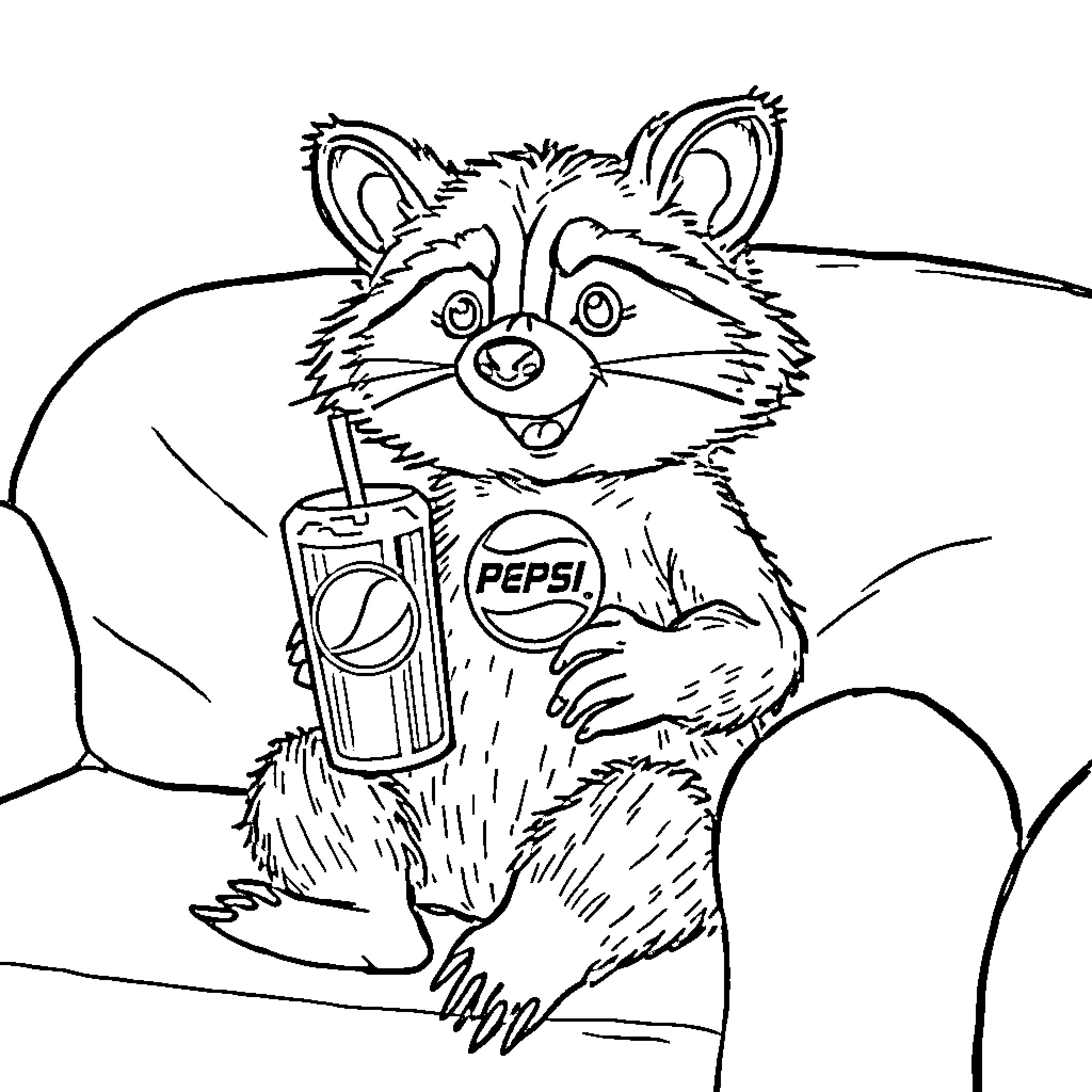 Raccoon drinking Pepsi joyfully in the wild Coloring Page (free black-and-white line drawing printable PDF for all, from beginners to advanced learners, including children, teens, adults, and seniors)