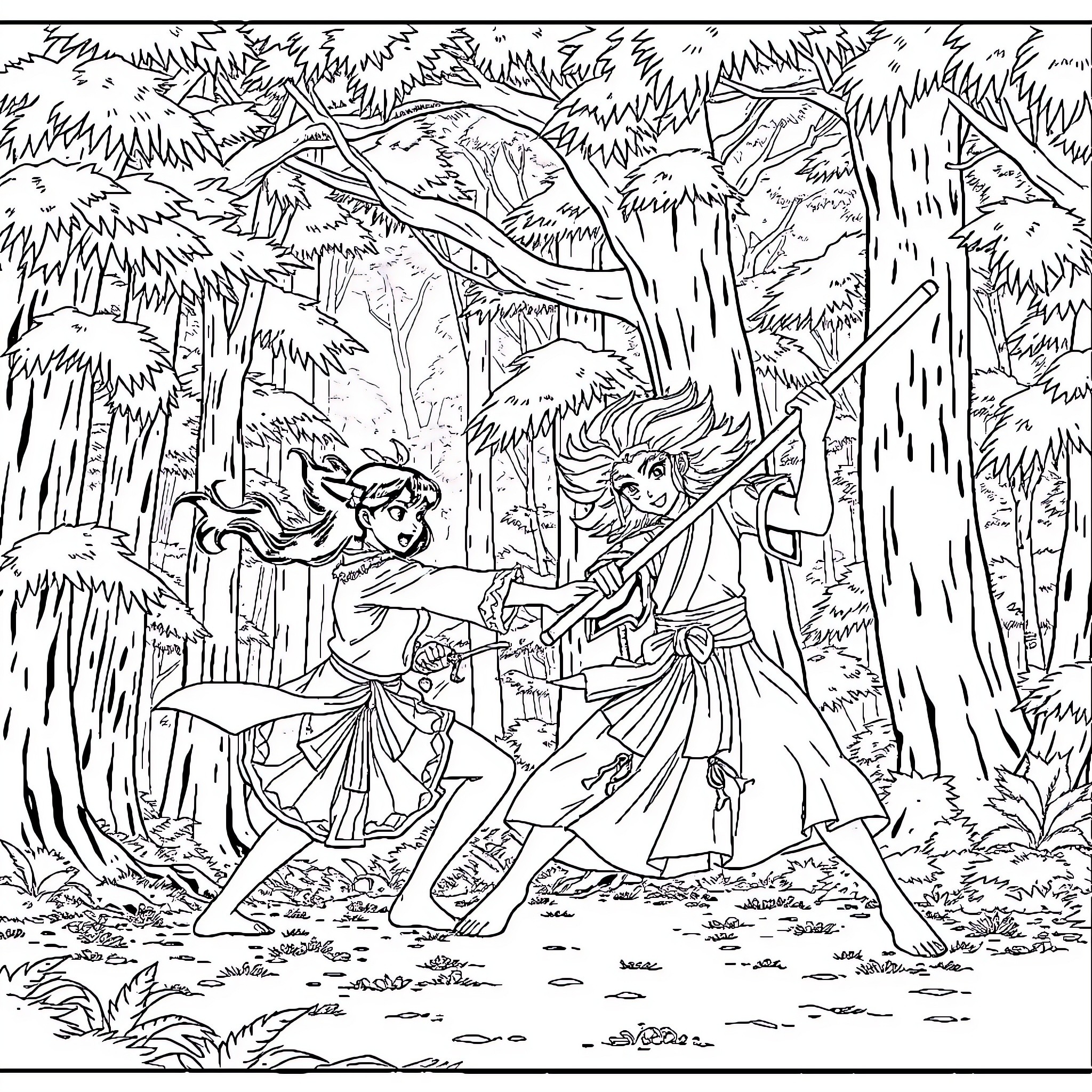 Nezuko Fights Alongside Tanjiro in the Wilderness Coloring Page (free black-and-white line drawing printable PDF for all, from beginners to advanced learners, including children, teens, adults, and seniors)