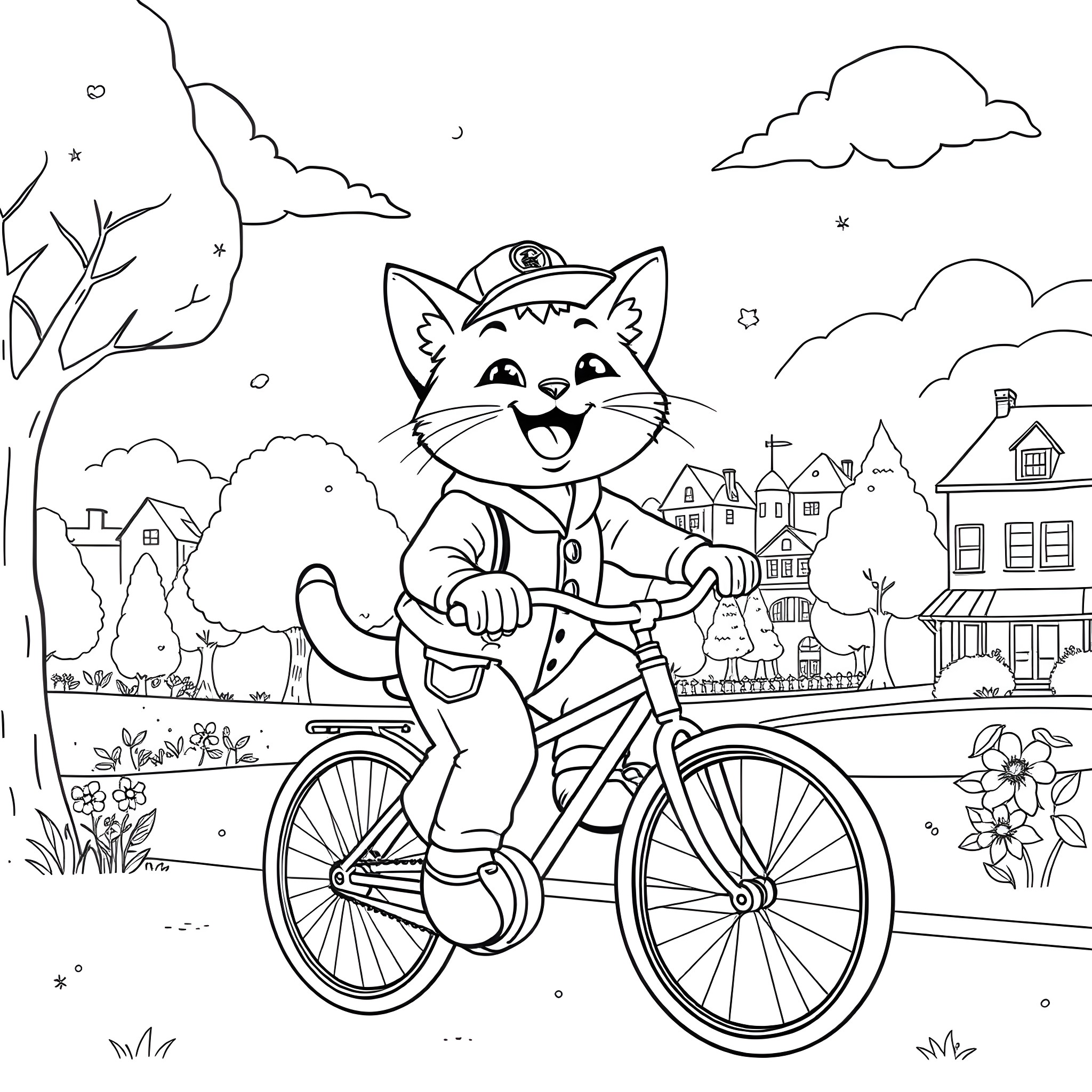 Cat riding a bicycle in a scenic town Coloring Page (free black-and-white line drawing printable PDF for all, from beginners to advanced learners, including children, teens, adults, and seniors)