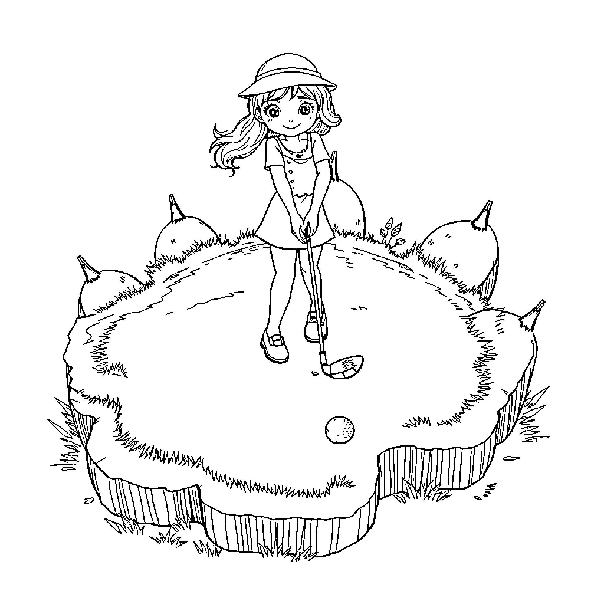 Girl exploring nature and playing with cute animals Coloring Page (free black-and-white line drawing printable PDF for all, from beginners to advanced learners, including children, teens, adults, and seniors)