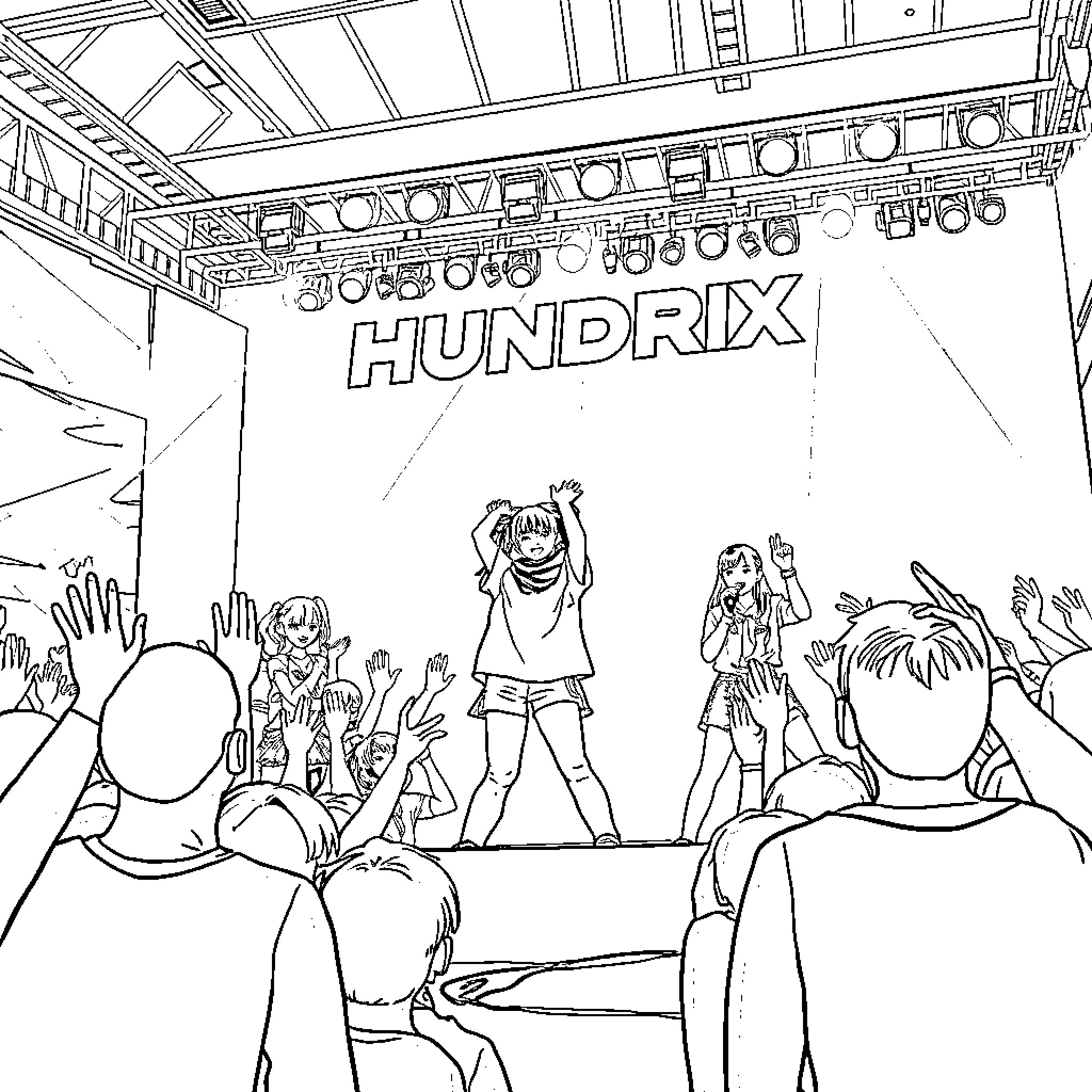 Hundrix Performing Energetic Music on Stage Coloring Page (free black-and-white line drawing printable PDF for all, from beginners to advanced learners, including children, teens, adults, and seniors)