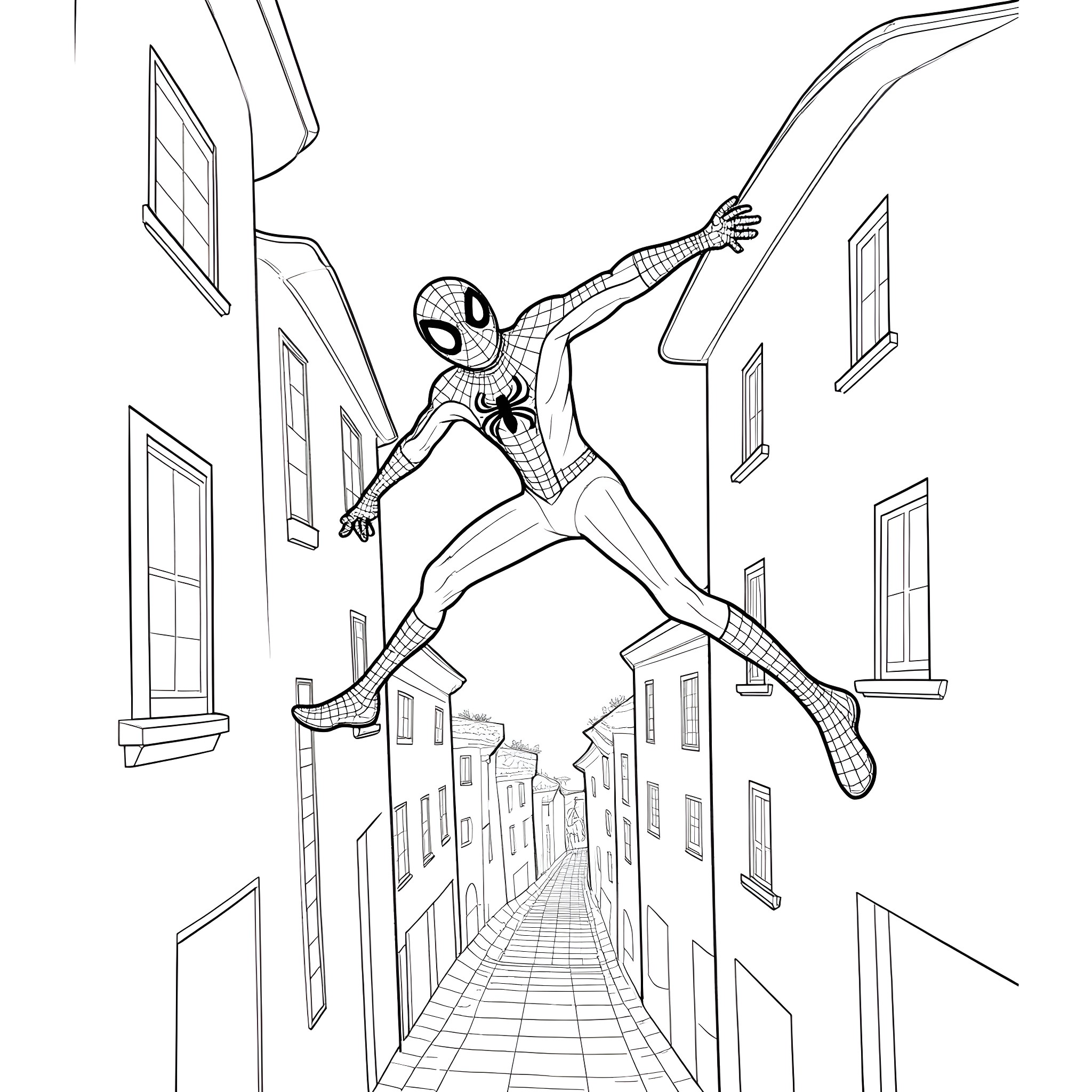 Spiderman swinging through the city streets Coloring Page (free black-and-white line drawing printable PDF for all, from beginners to advanced learners, including children, teens, adults, and seniors)