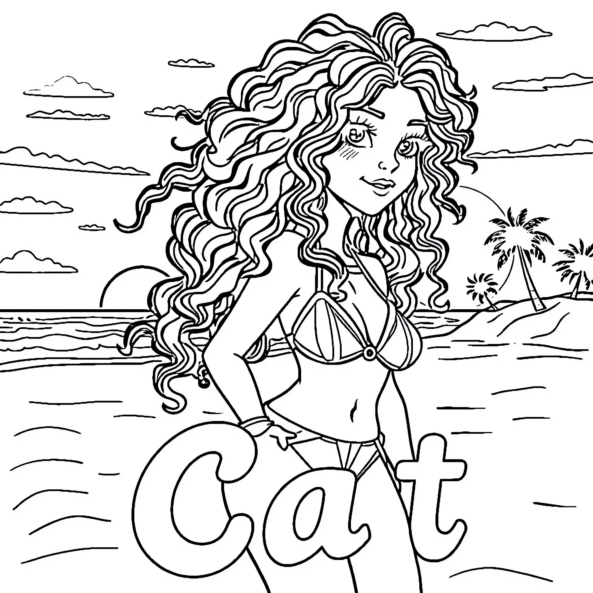 Girl in Bikini Posing by the Sea Coloring Page (free black-and-white line drawing printable PDF for all, from beginners to advanced learners, including children, teens, adults, and seniors)