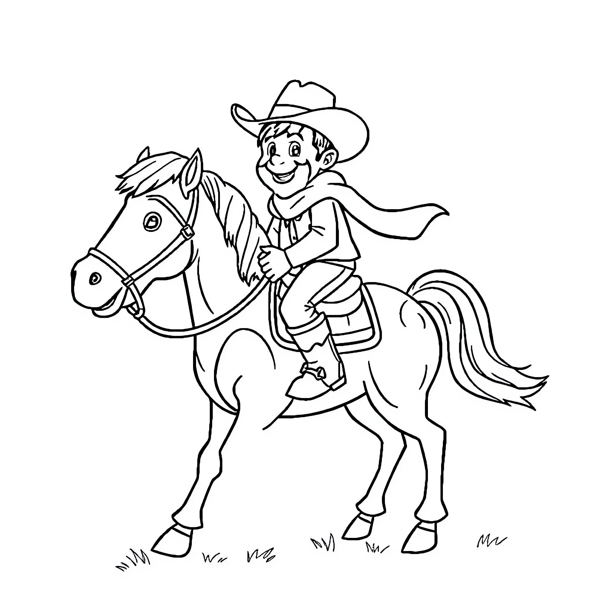 Pierre Poilivre riding a horse in a cheerful manner Coloring Page (free black-and-white line drawing printable PDF for all, from beginners to advanced learners, including children, teens, adults, and seniors)