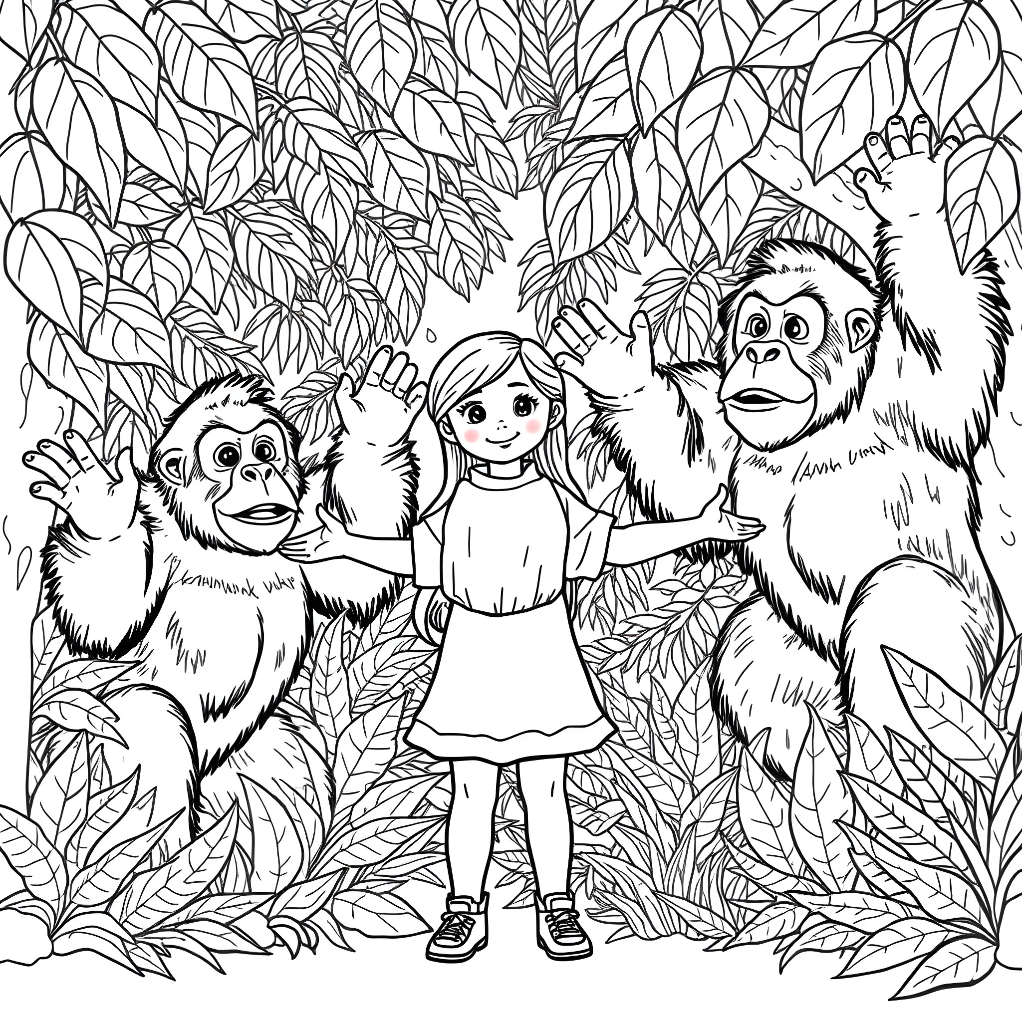 Orangutan friends in the jungle Coloring Page (free black-and-white line drawing printable PDF for all, from beginners to advanced learners, including children, teens, adults, and seniors)
