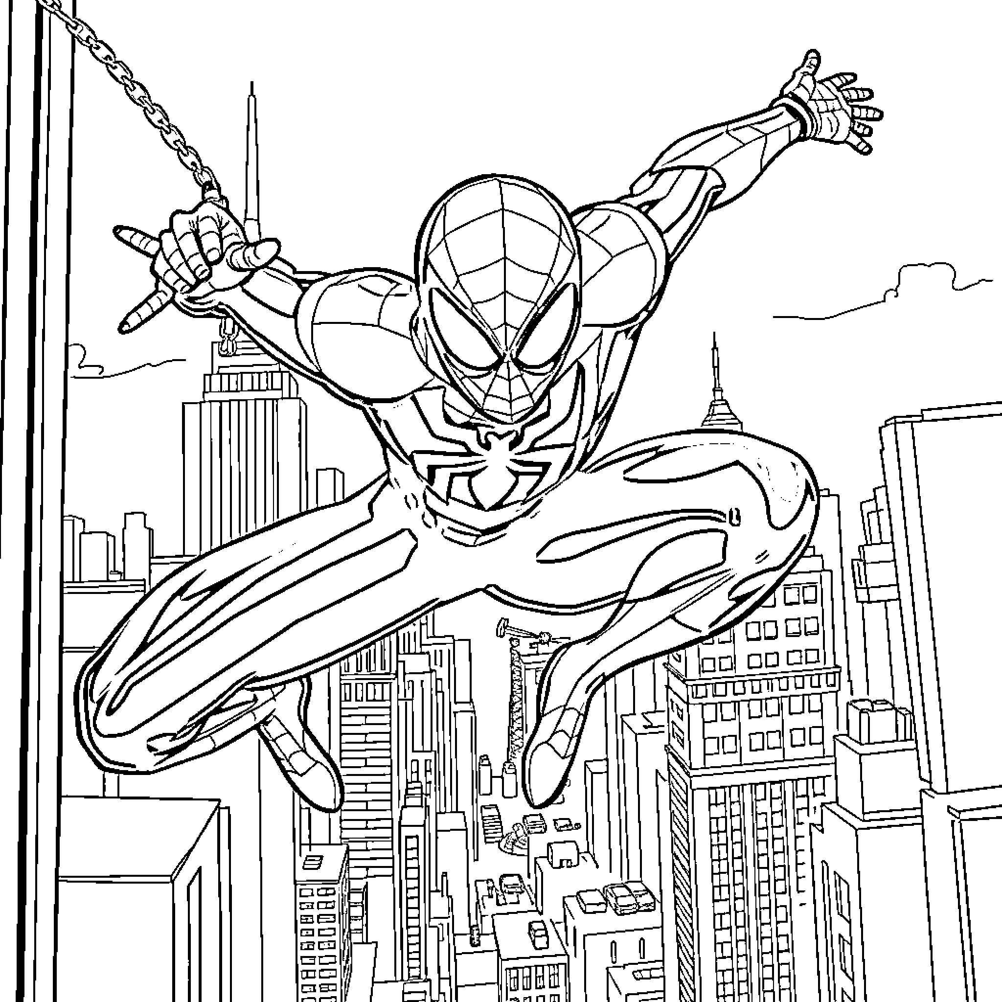 Spider-Man swinging through the city skyline Coloring Page (free black-and-white line drawing printable PDF for all, from beginners to advanced learners, including children, teens, adults, and seniors)