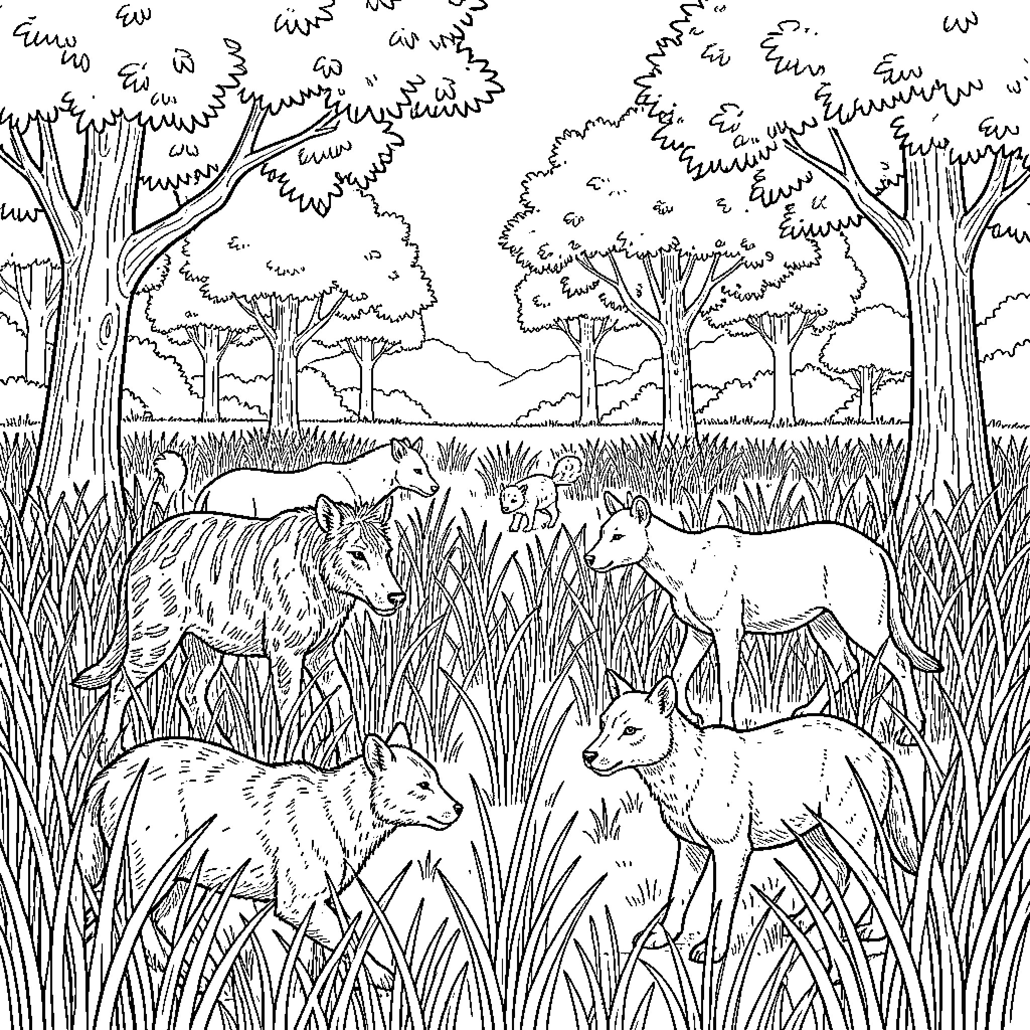 Wildlife pack of wolves wandering through tall grass Coloring Page (free black-and-white line drawing printable PDF for all, from beginners to advanced learners, including children, teens, adults, and seniors)