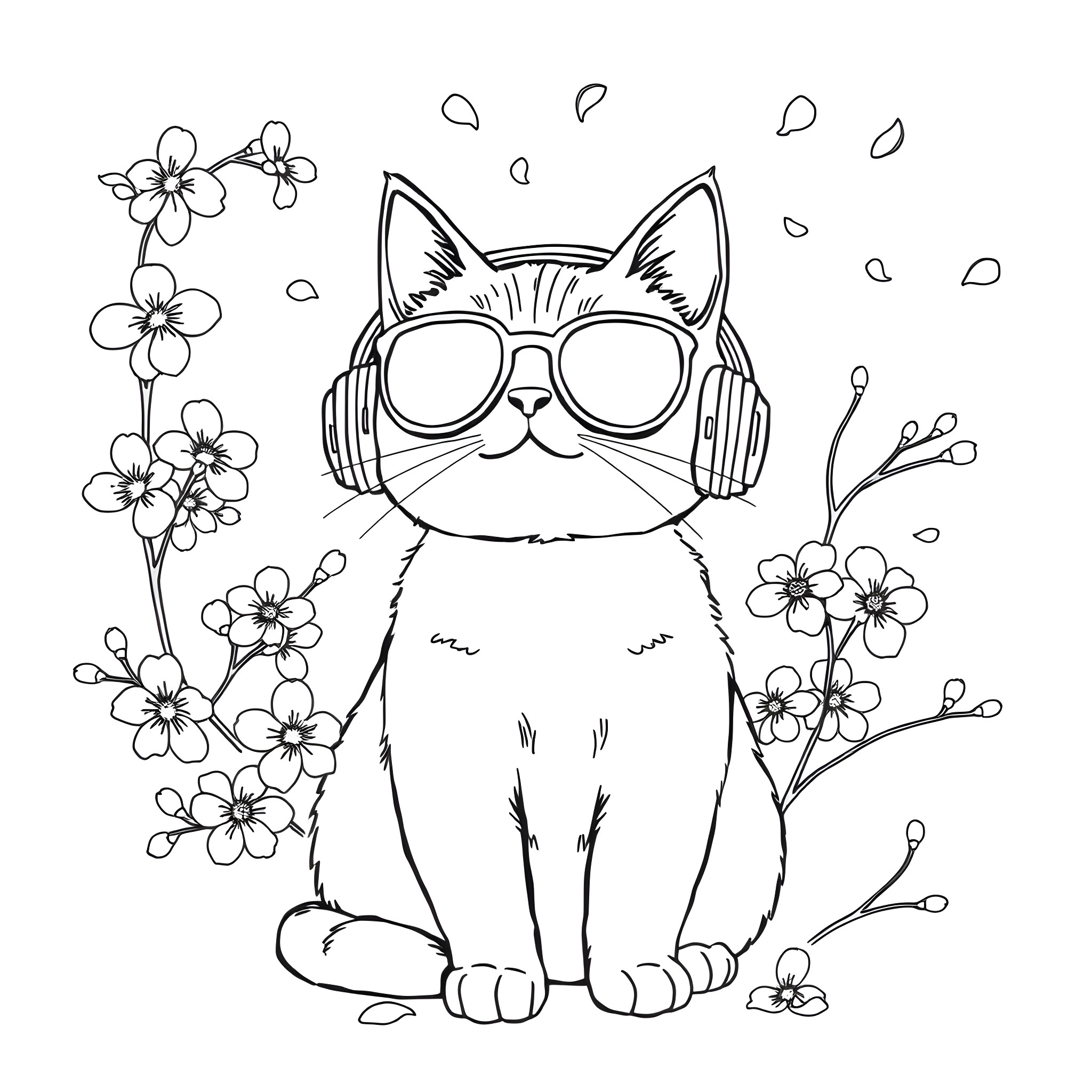 Cat with Headphones Surrounded by Flowers Coloring Page (free black-and-white line drawing printable PDF for all, from beginners to advanced learners, including children, teens, adults, and seniors)