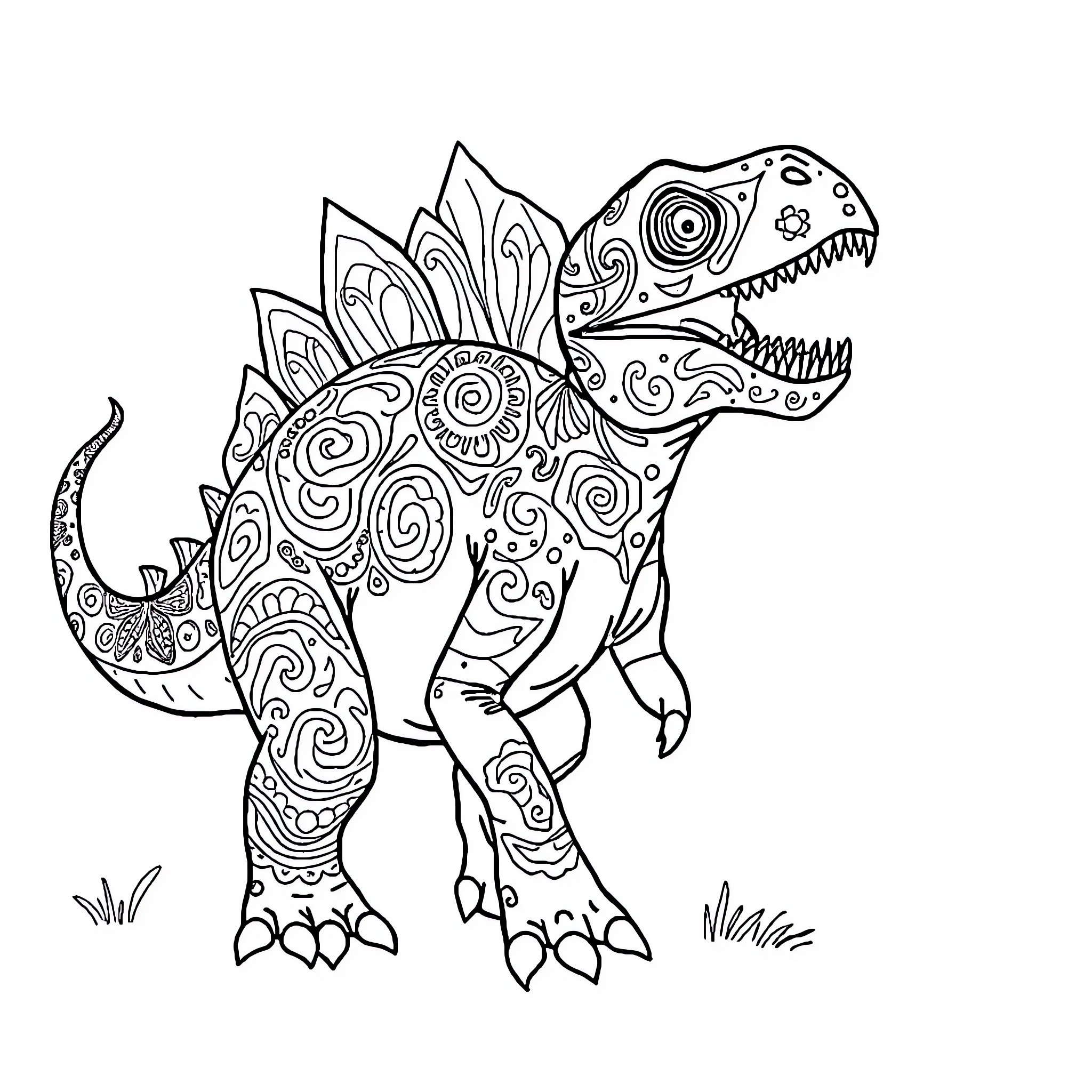 Dinosaur with intricate patterns and designs Coloring Page (free black-and-white line drawing printable PDF for all, from beginners to advanced learners, including children, teens, adults, and seniors)