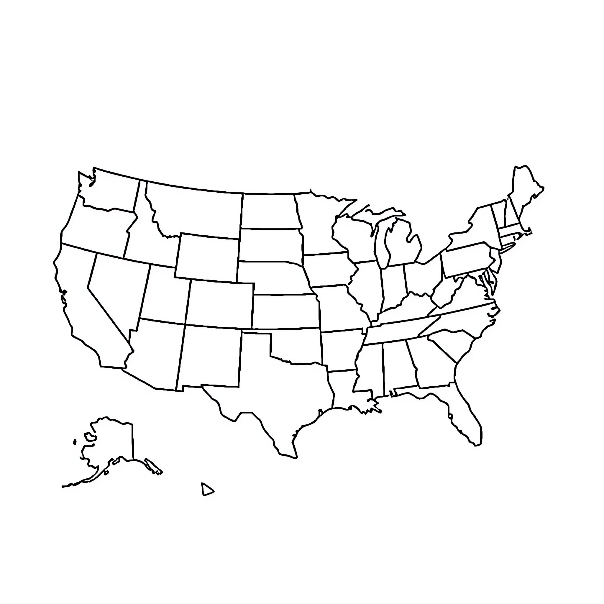 United States map with state outlines Coloring Page (free black-and-white line drawing printable PDF for all, from beginners to advanced learners, including children, teens, adults, and seniors)