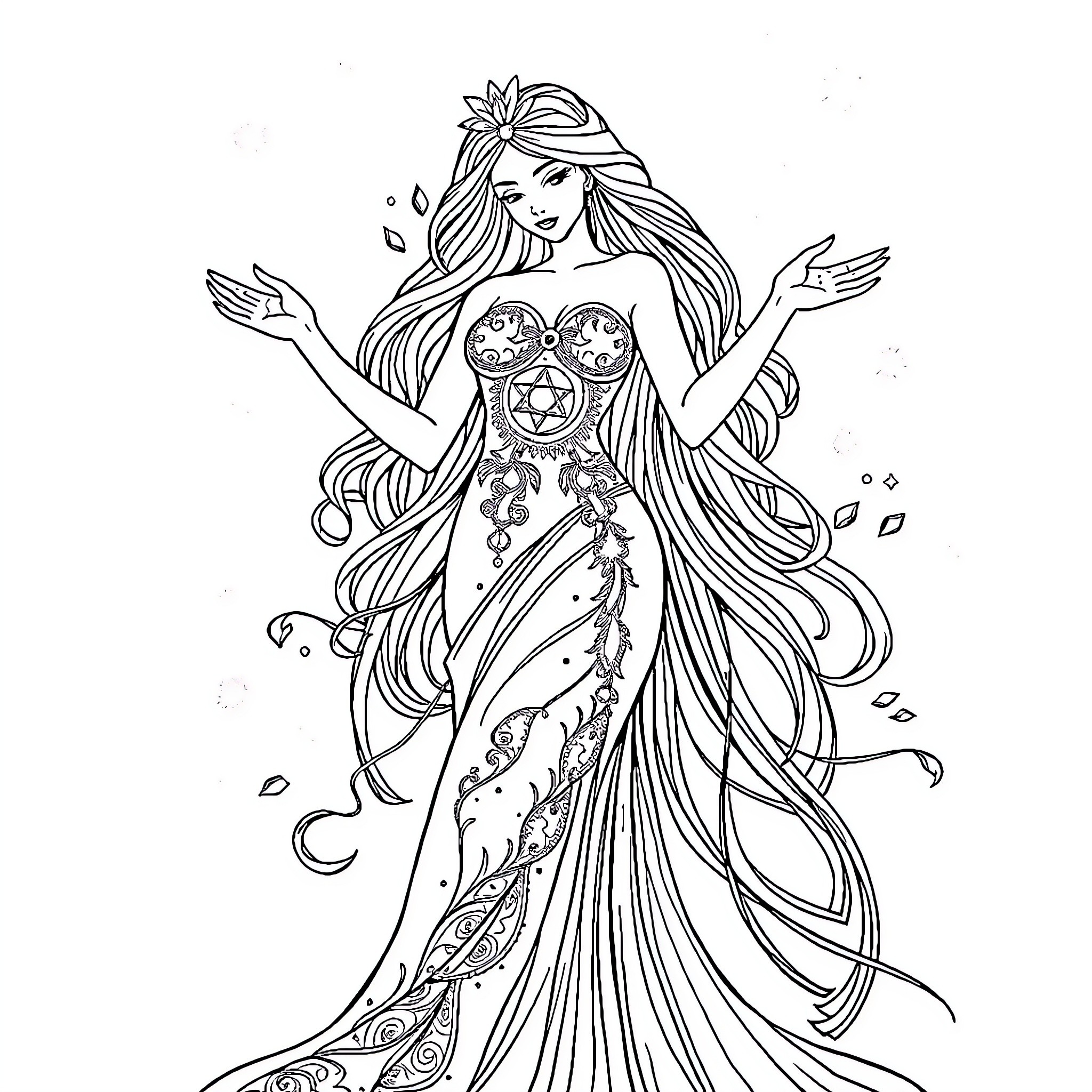 Malaxsmi's Enchanting Dance of Celestial Elegance Coloring Page (free black-and-white line drawing printable PDF for all, from beginners to advanced learners, including children, teens, adults, and seniors)