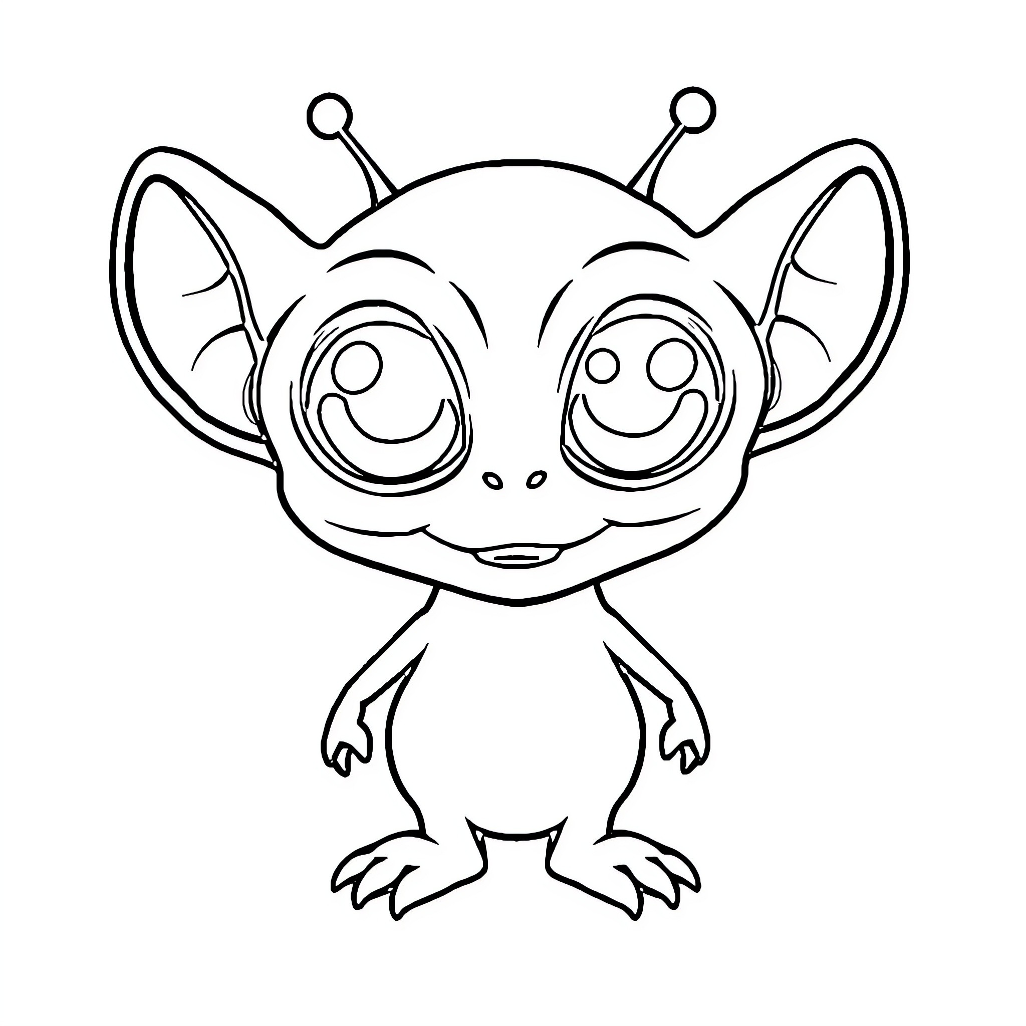 Alien creature with large eyes and playful expression Coloring Page (free black-and-white line drawing printable PDF for all, from beginners to advanced learners, including children, teens, adults, and seniors)