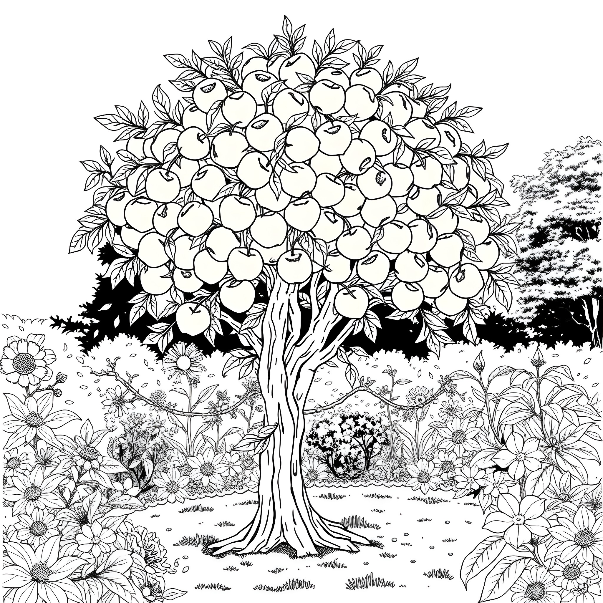 Apricot Tree Blossoming in a Lush Garden Coloring Page (free black-and-white line drawing printable PDF for all, from beginners to advanced learners, including children, teens, adults, and seniors)