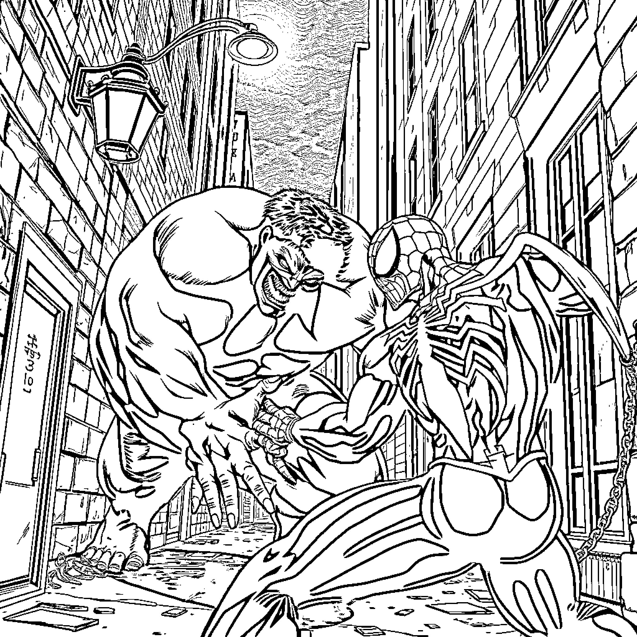Hulk Battles Spiderman in Gritty Urban Alley Coloring Page (free black-and-white line drawing printable PDF for all, from beginners to advanced learners, including children, teens, adults, and seniors)
