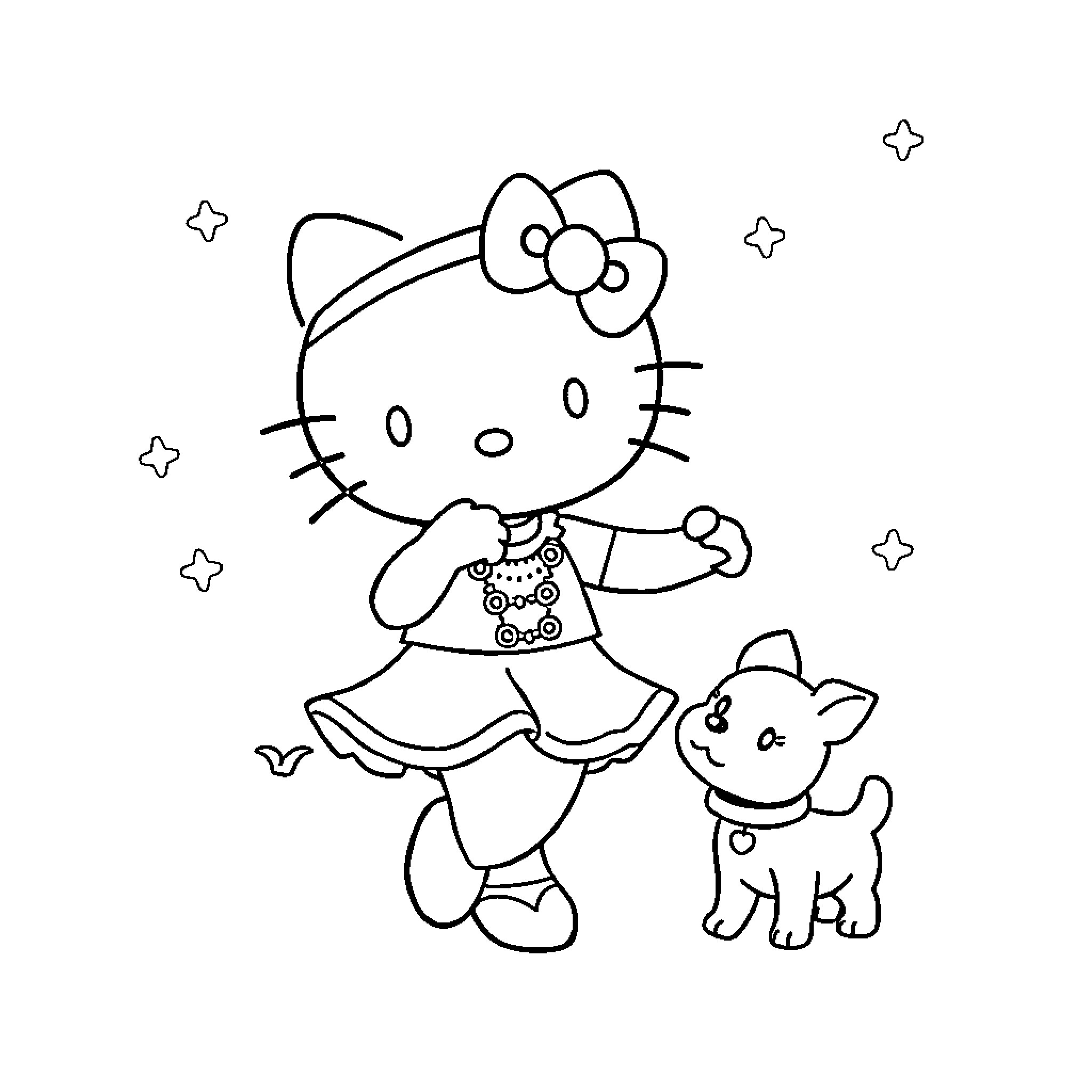 Hello Kitty and her puppy friend Coloring Page (free black-and-white line drawing printable PDF for all, from beginners to advanced learners, including children, teens, adults, and seniors)
