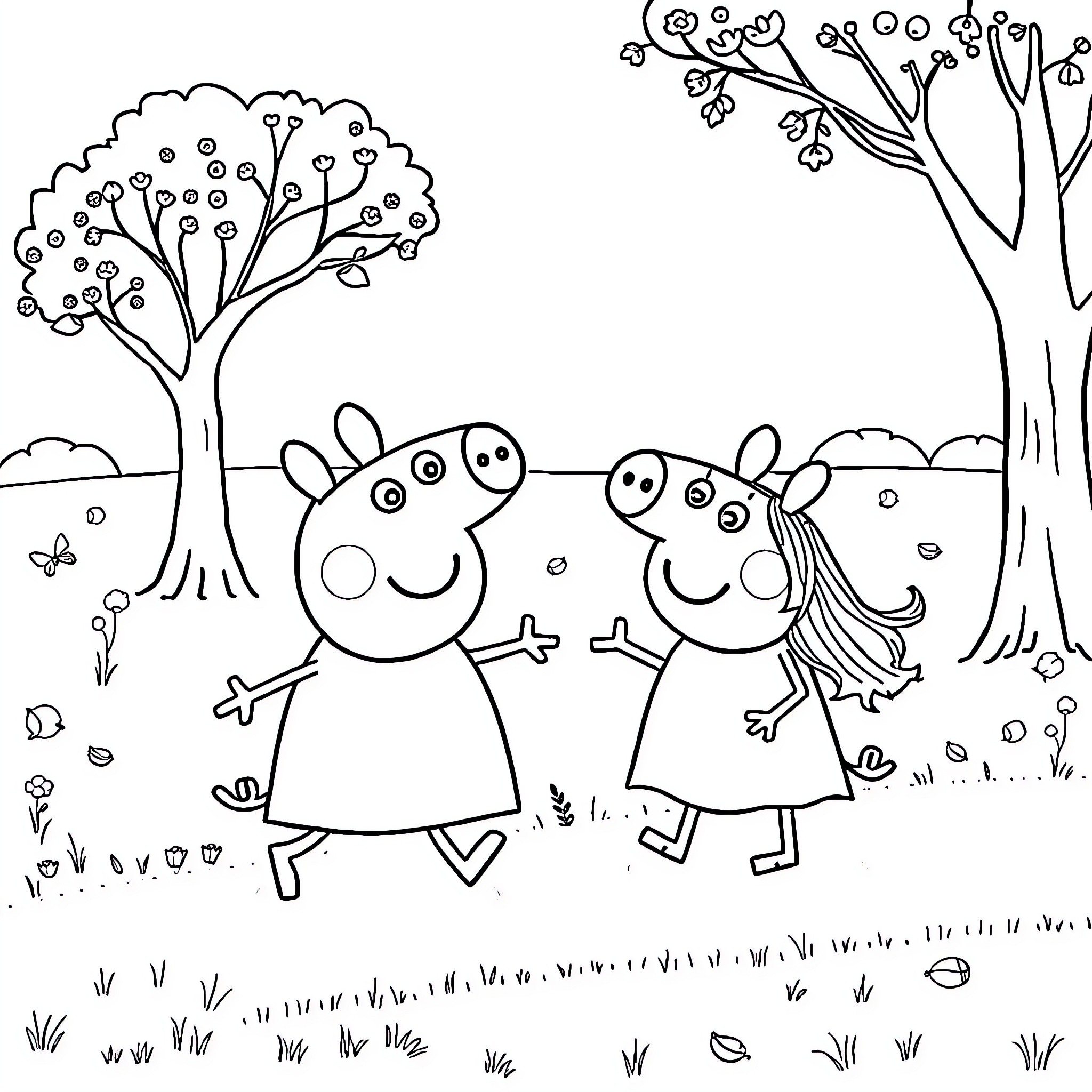 Peppa Pig and friends enjoying outdoors Coloring Page (free black-and-white line drawing printable PDF for all, from beginners to advanced learners, including children, teens, adults, and seniors)