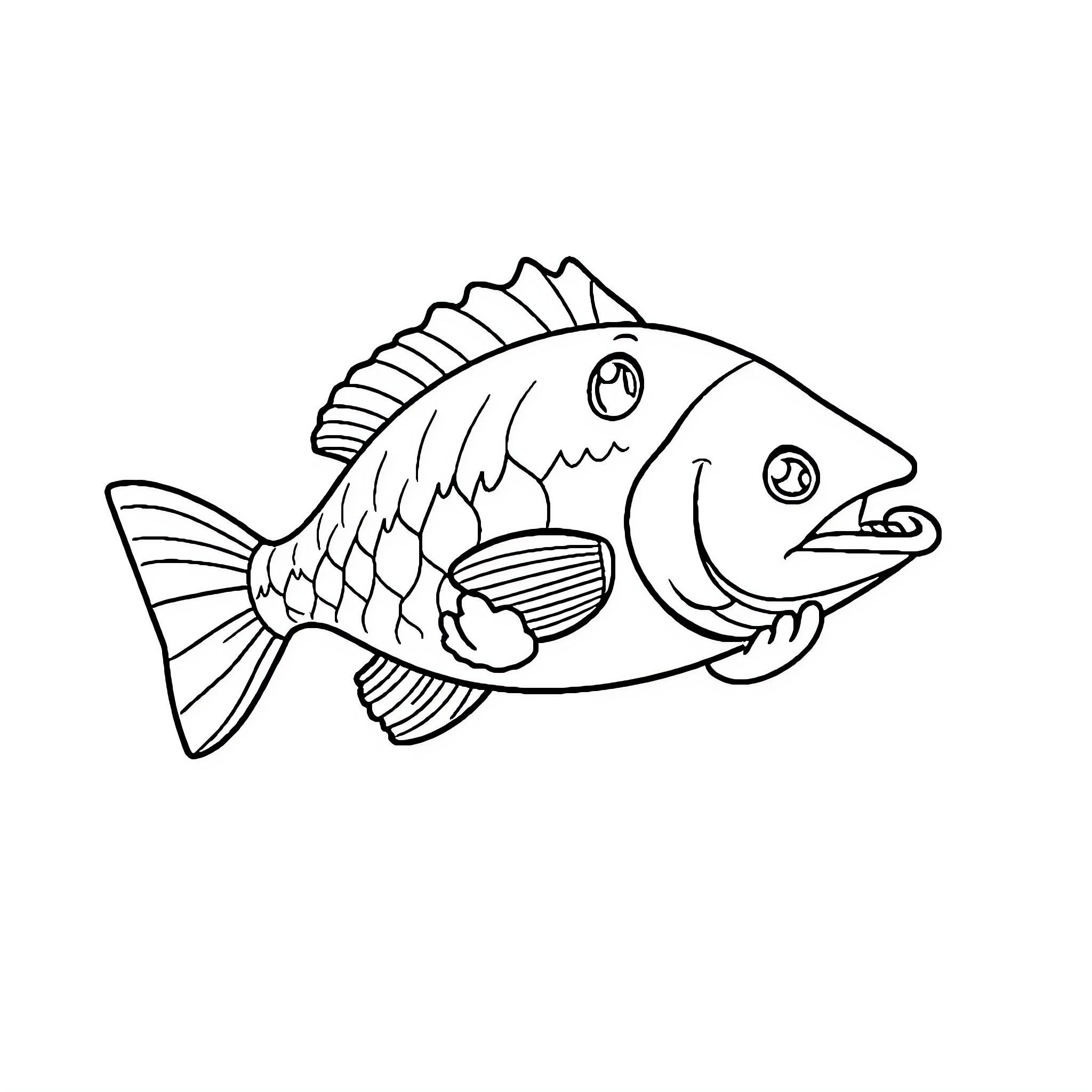 Labubu's Cheerful Fish Illustration Coloring Page (free black-and-white line drawing printable PDF for all, from beginners to advanced learners, including children, teens, adults, and seniors)
