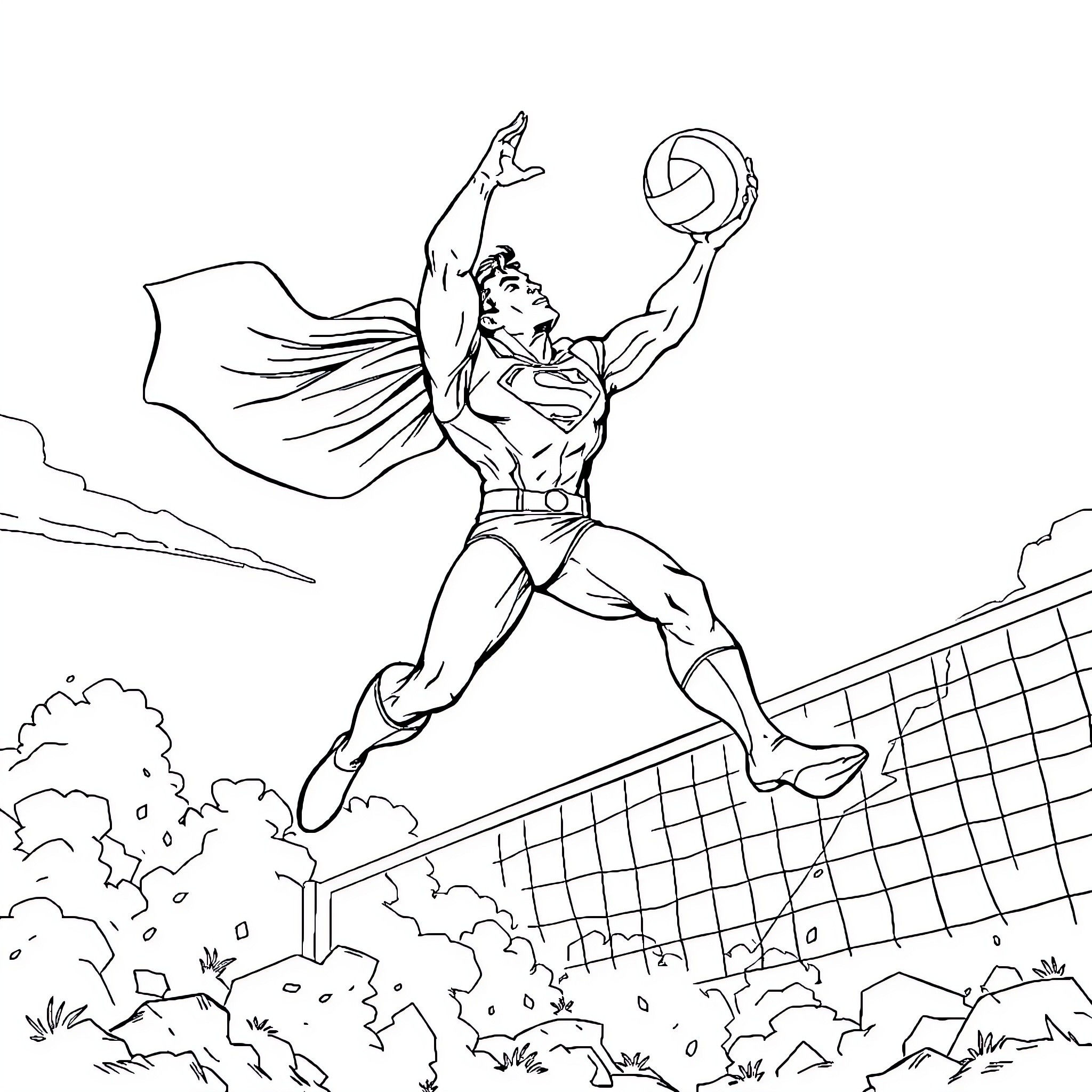 Superman soaring high and spiking a volleyball Coloring Page (free black-and-white line drawing printable PDF for all, from beginners to advanced learners, including children, teens, adults, and seniors)