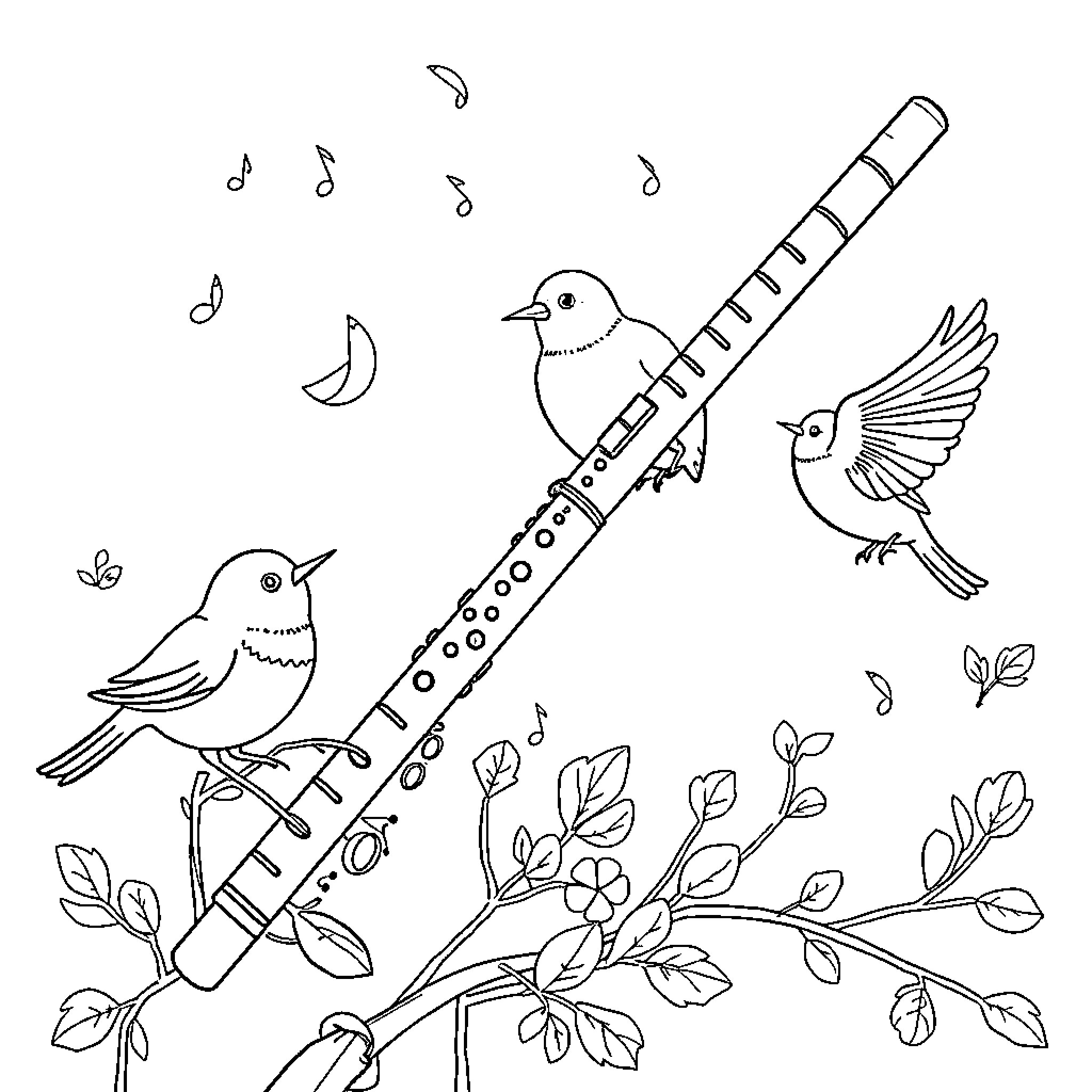 Flute music birds and nature Coloring Page (free black-and-white line drawing printable PDF for all, from beginners to advanced learners, including children, teens, adults, and seniors)