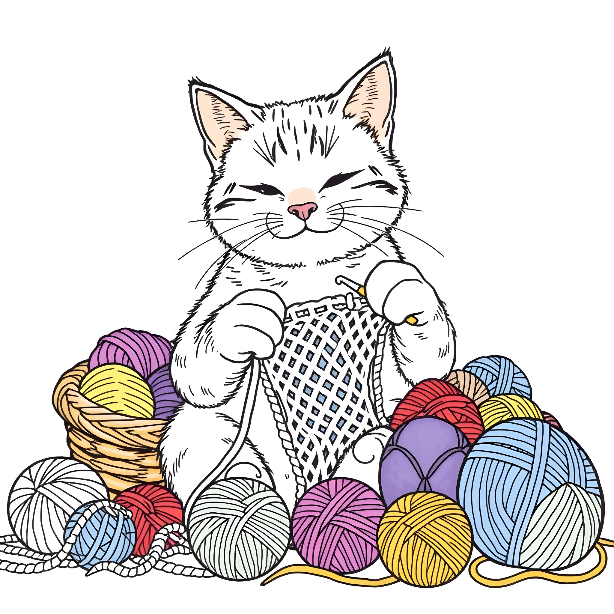 Cat playing with colorful yarn balls Coloring Page (free black-and-white line drawing printable PDF for all, from beginners to advanced learners, including children, teens, adults, and seniors)