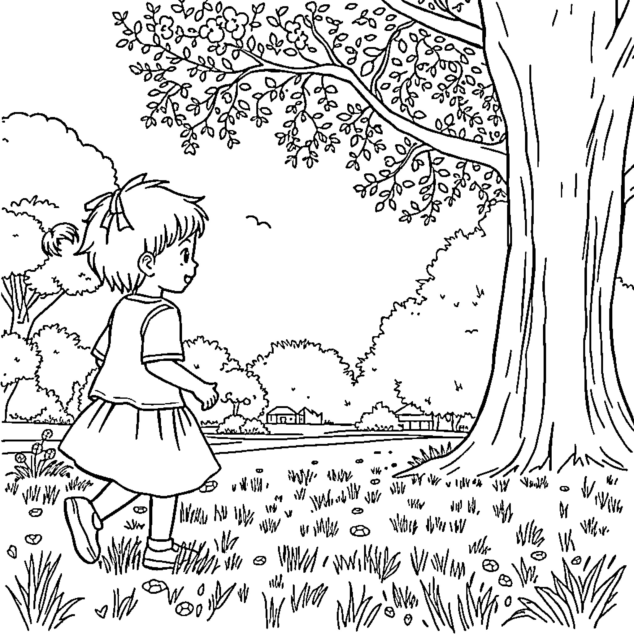 Nounou's Peaceful Exploration in Nature's Embrace Coloring Page (free black-and-white line drawing printable PDF for all, from beginners to advanced learners, including children, teens, adults, and seniors)
