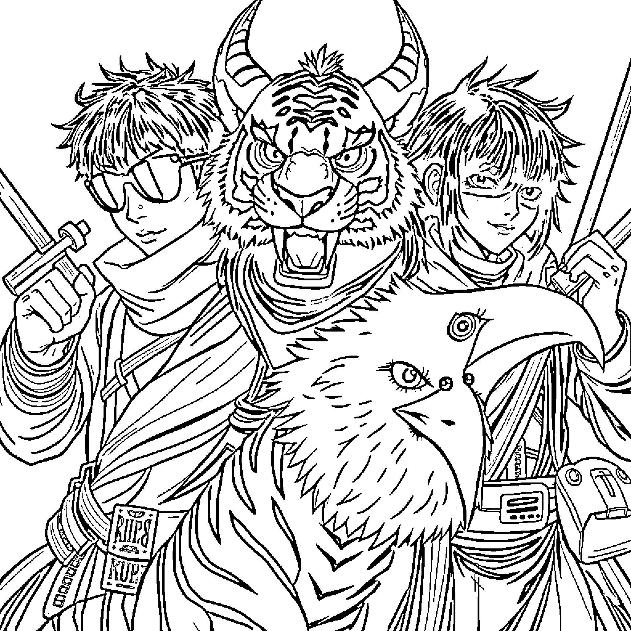 Tiger-faced warriors in an intense battle Coloring Page (free black-and-white line drawing printable PDF for all, from beginners to advanced learners, including children, teens, adults, and seniors)