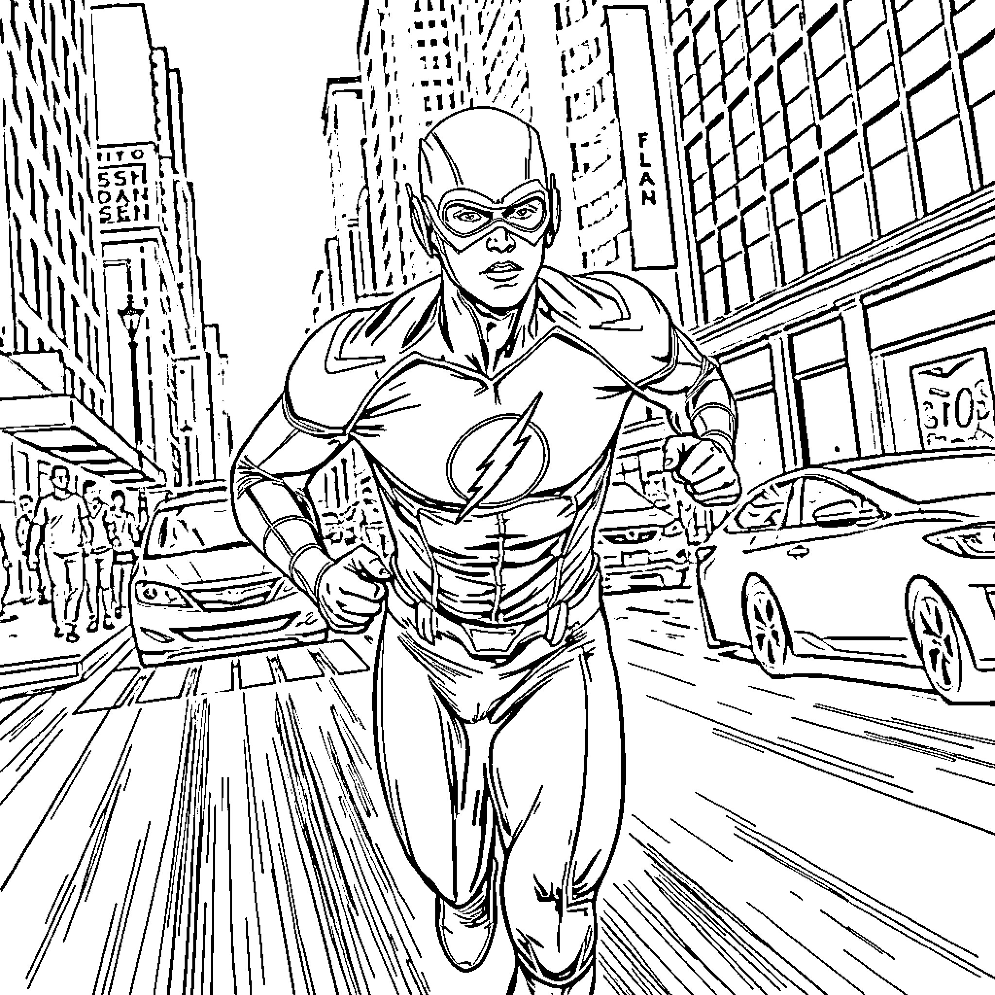 Flash racing through the city streets Coloring Page (free black-and-white line drawing printable PDF for all, from beginners to advanced learners, including children, teens, adults, and seniors)