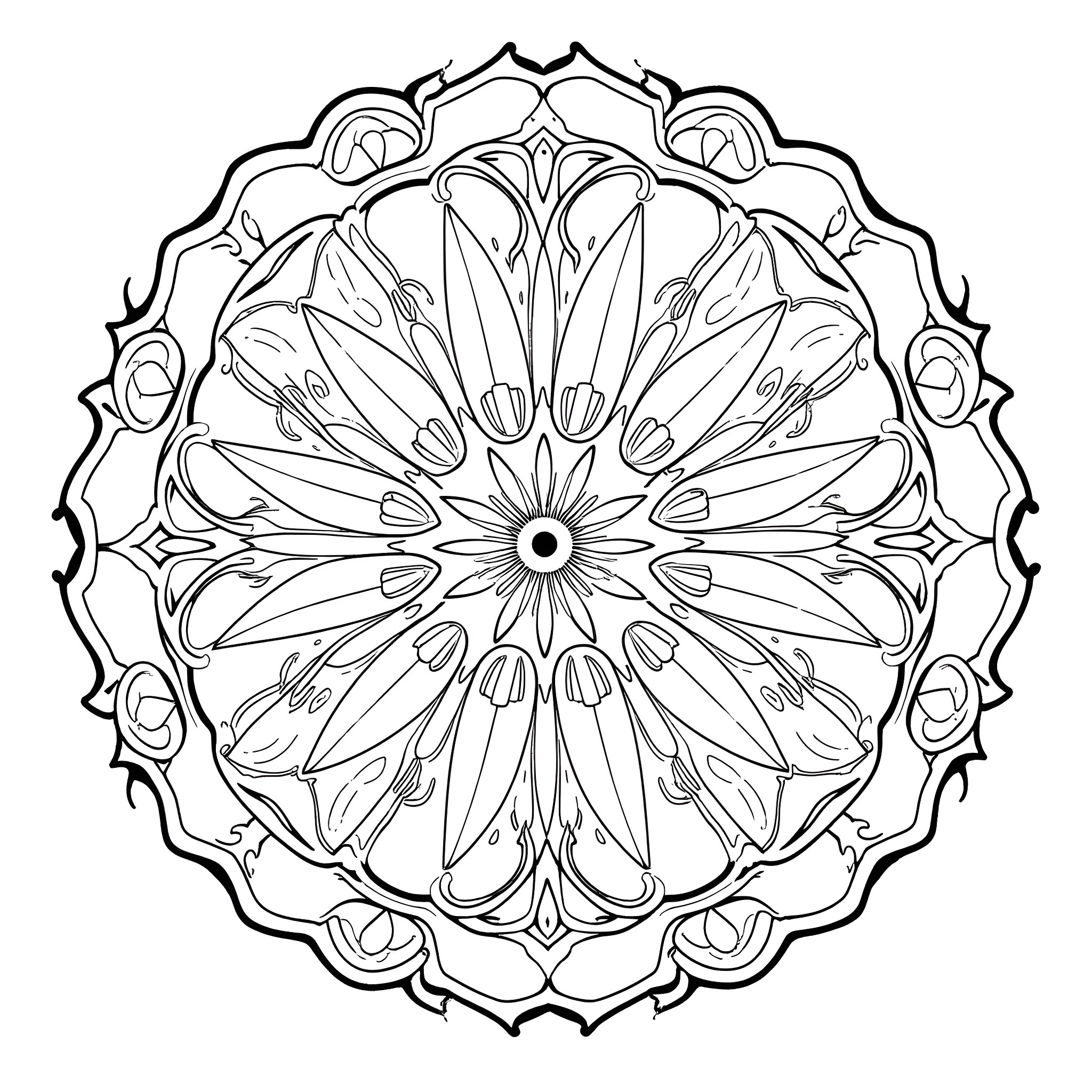 Mandala with intricate floral patterns Coloring Page (free black-and-white line drawing printable PDF for all, from beginners to advanced learners, including children, teens, adults, and seniors)