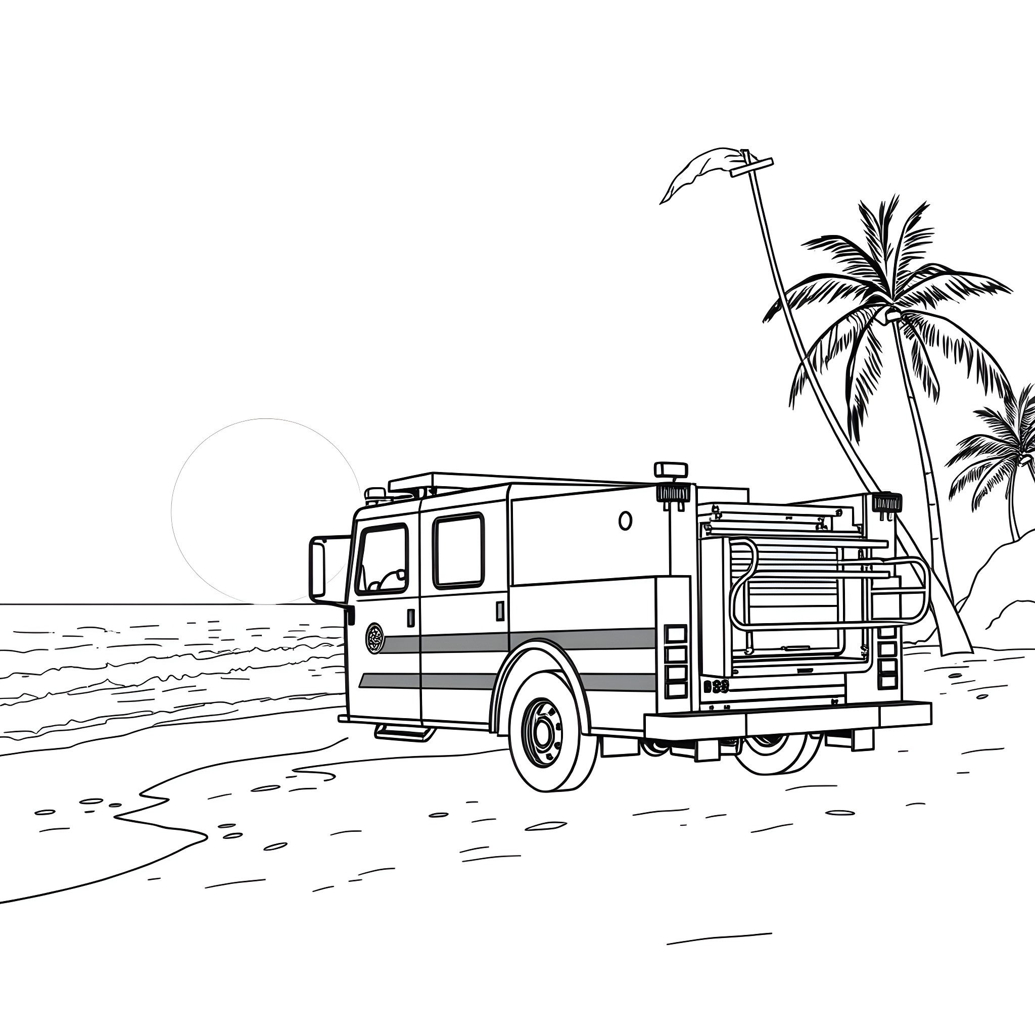 Firetruck on the Beach with Palm Trees Coloring Page (free black-and-white line drawing printable PDF for all, from beginners to advanced learners, including children, teens, adults, and seniors)