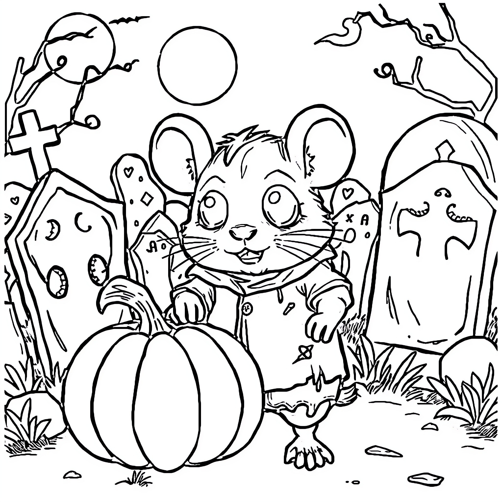 Hamster celebrating Halloween with pumpkin and spooky decor Coloring Page (free black-and-white line drawing printable PDF for all, from beginners to advanced learners, including children, teens, adults, and seniors)