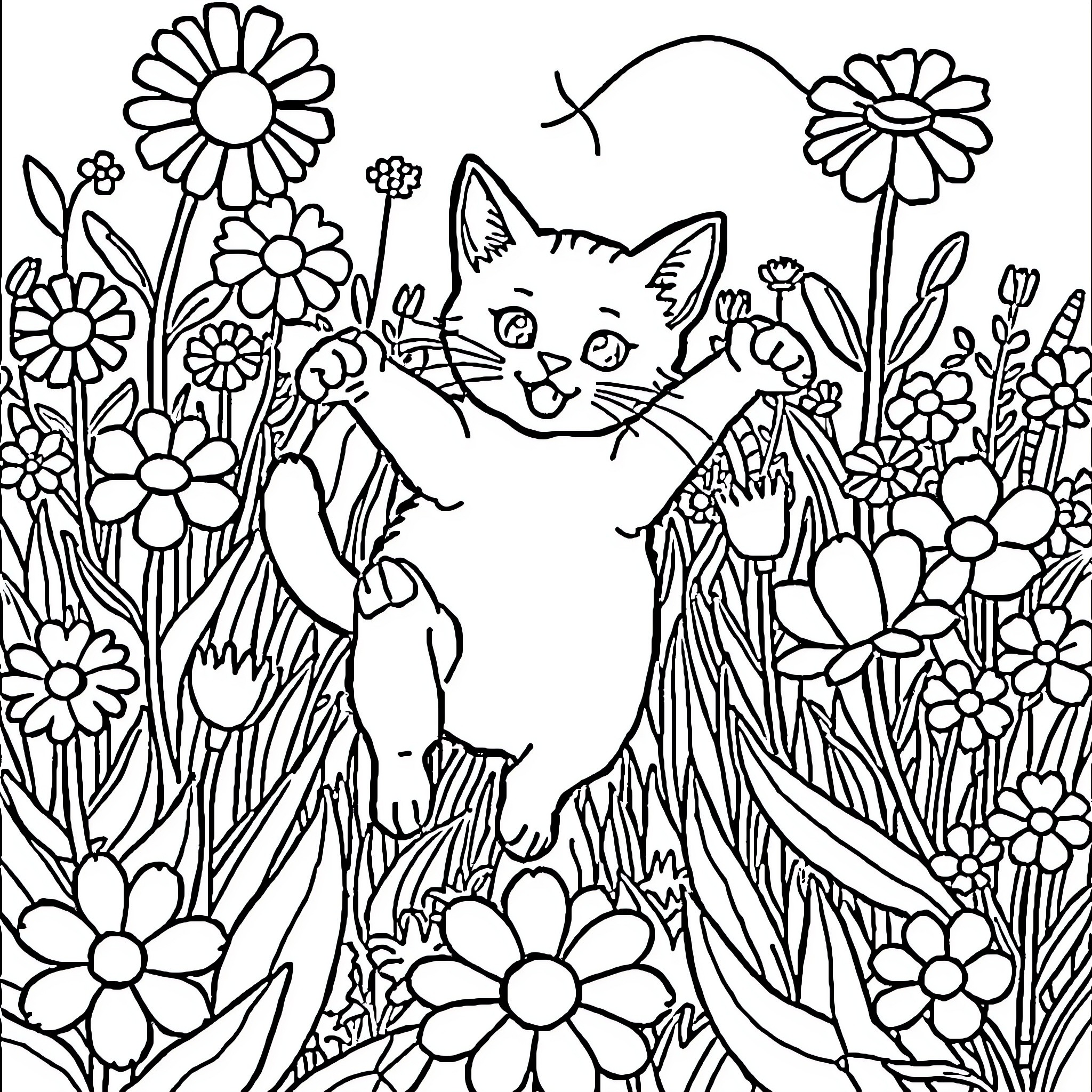 Cat exploring colorful floral garden Coloring Page (free black-and-white line drawing printable PDF for all, from beginners to advanced learners, including children, teens, adults, and seniors)