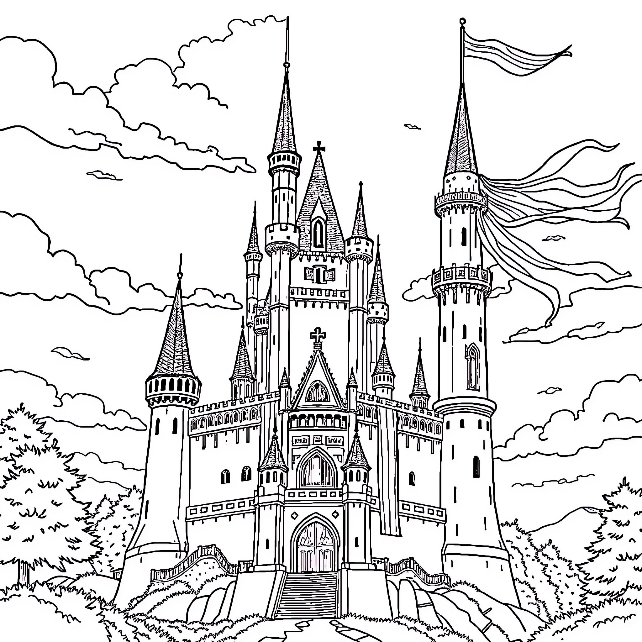 Castle with Majestic Towers and Waving Flags Coloring Page (free black-and-white line drawing printable PDF for all, from beginners to advanced learners, including children, teens, adults, and seniors)