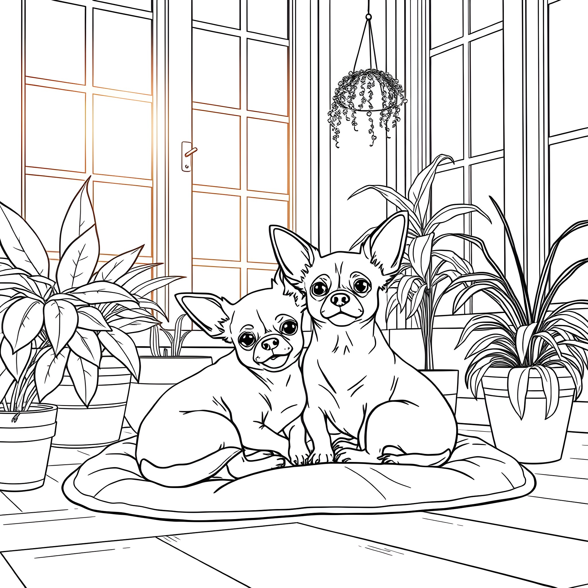 Chihuahua pups relaxing in a cozy indoor garden Coloring Page (free black-and-white line drawing printable PDF for all, from beginners to advanced learners, including children, teens, adults, and seniors)