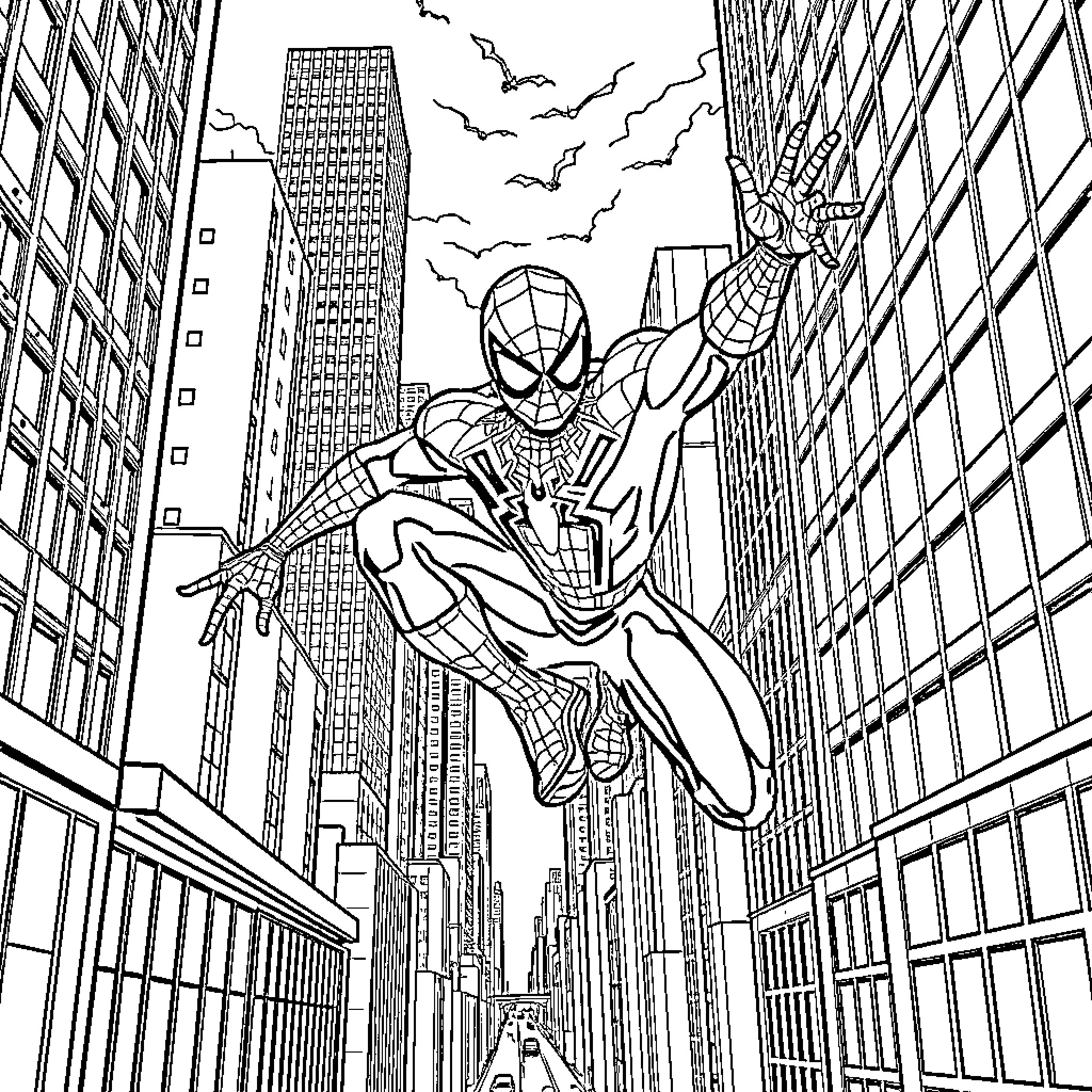 Spiderman swinging through the city skyline Coloring Page (free black-and-white line drawing printable PDF for all, from beginners to advanced learners, including children, teens, adults, and seniors)