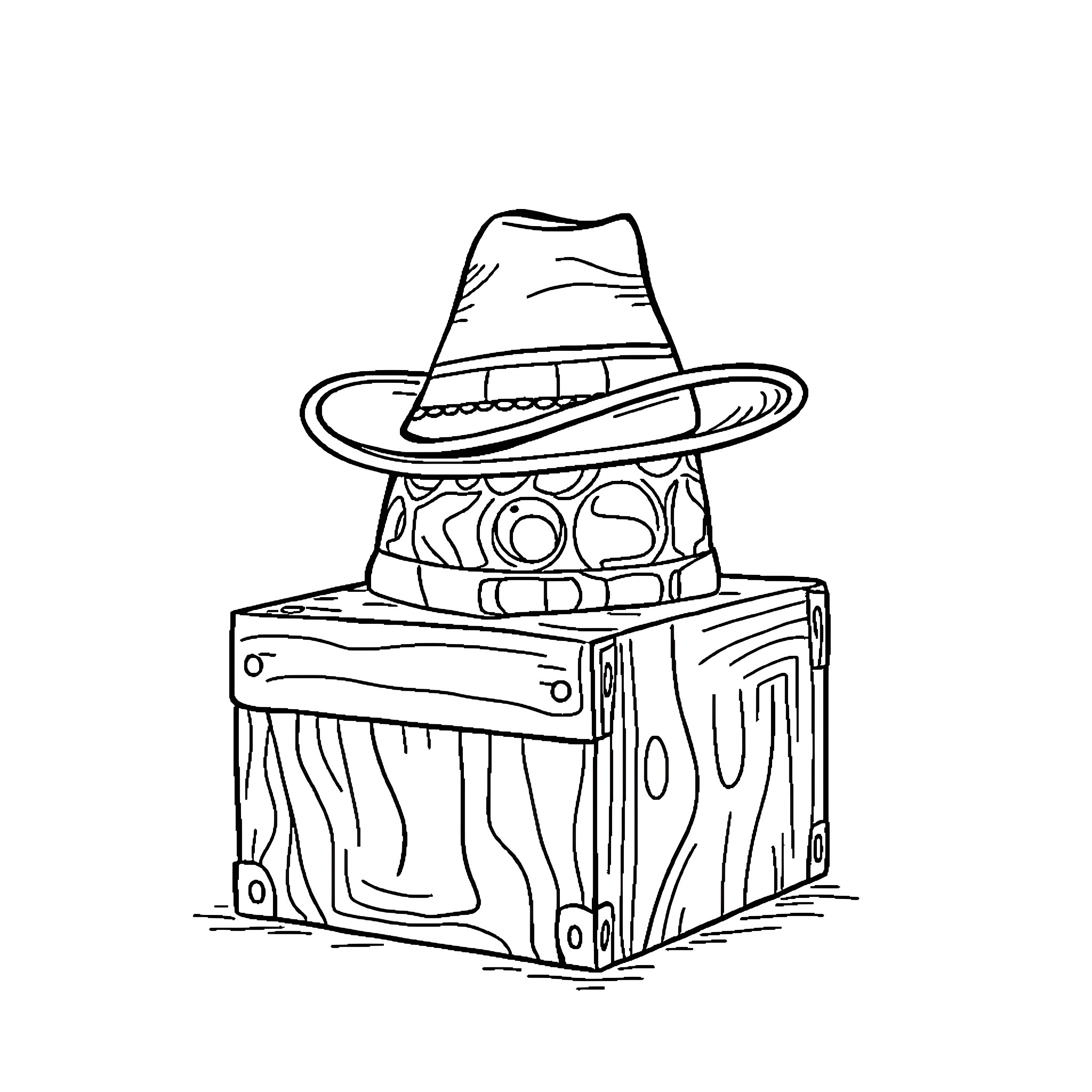 Hat on a wooden crate Coloring Page (free black-and-white line drawing printable PDF for all, from beginners to advanced learners, including children, teens, adults, and seniors)