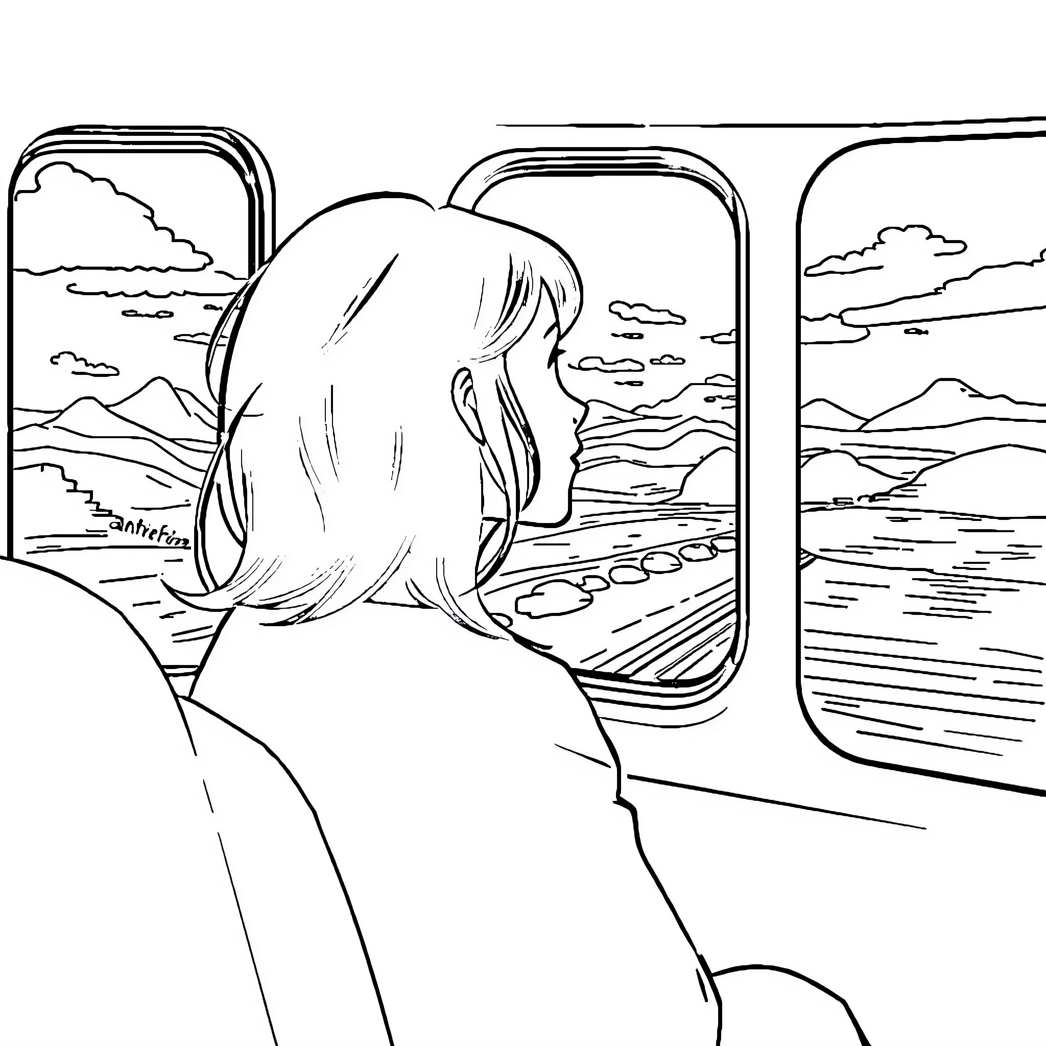 Chica Gazing Out the Train Window Coloring Page (free black-and-white line drawing printable PDF for all, from beginners to advanced learners, including children, teens, adults, and seniors)