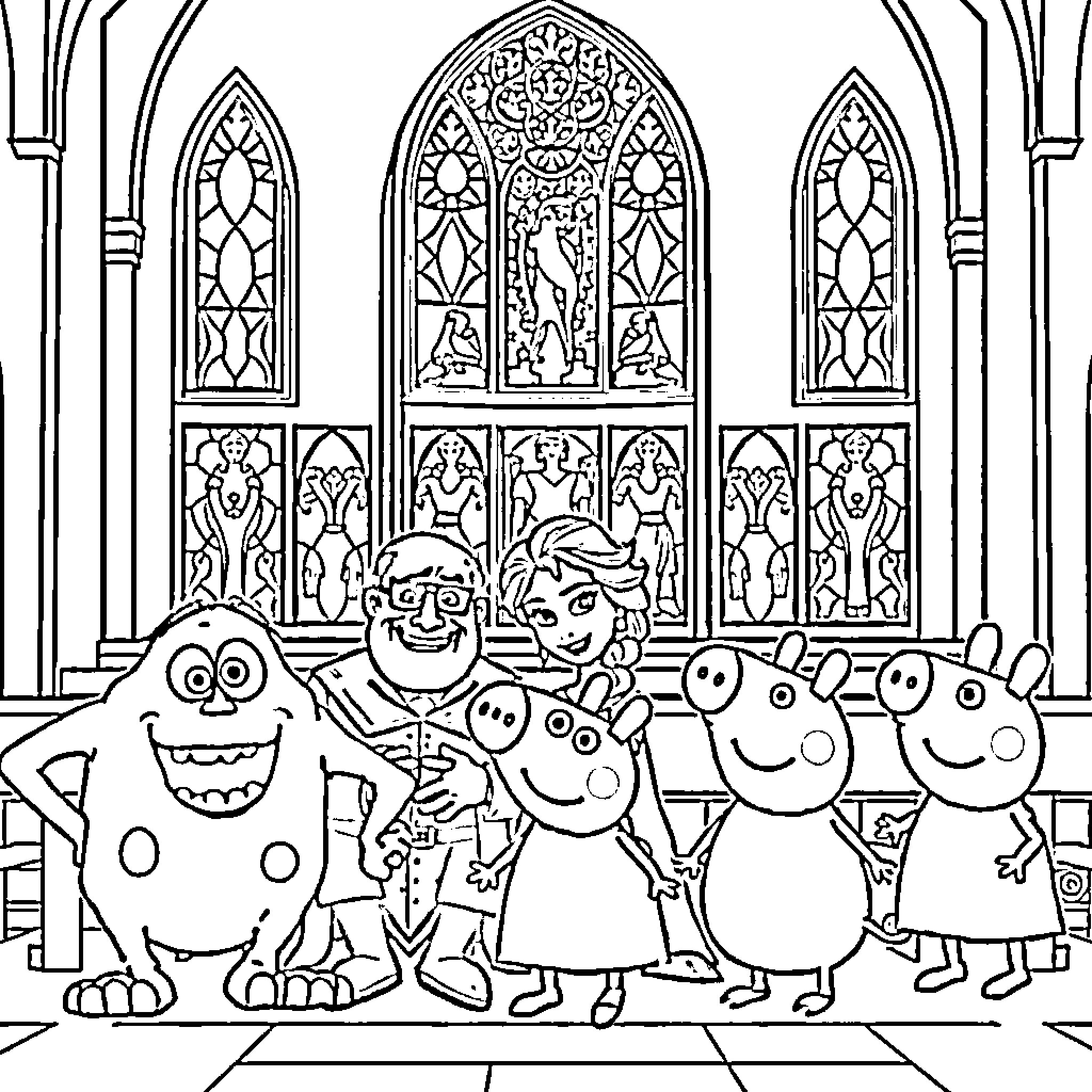 Character Cartoon Characters in a Cathedral Setting Coloring Page (free black-and-white line drawing printable PDF for all, from beginners to advanced learners, including children, teens, adults, and seniors)