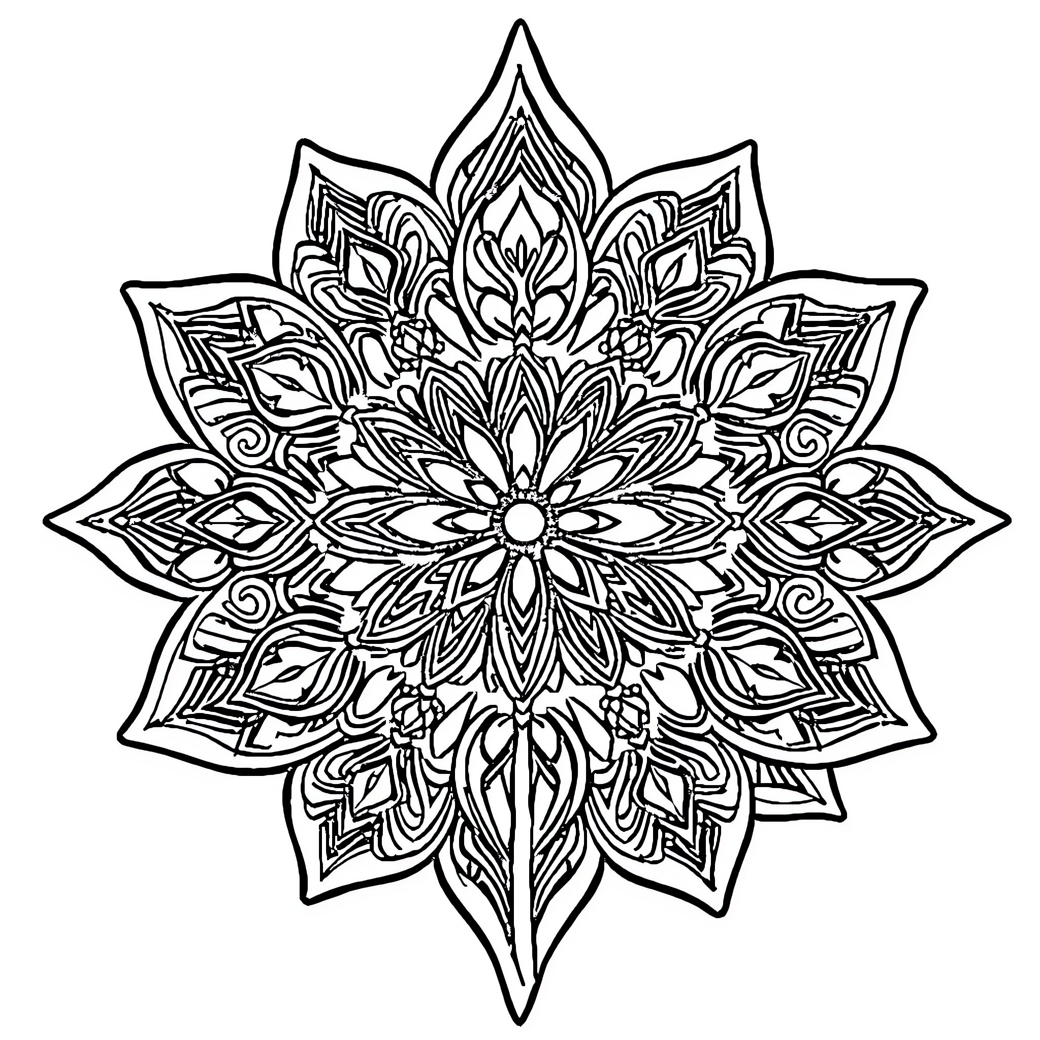 Leaf Mandala Design with Intricate Patterns Coloring Page (free black-and-white line drawing printable PDF for all, from beginners to advanced learners, including children, teens, adults, and seniors)
