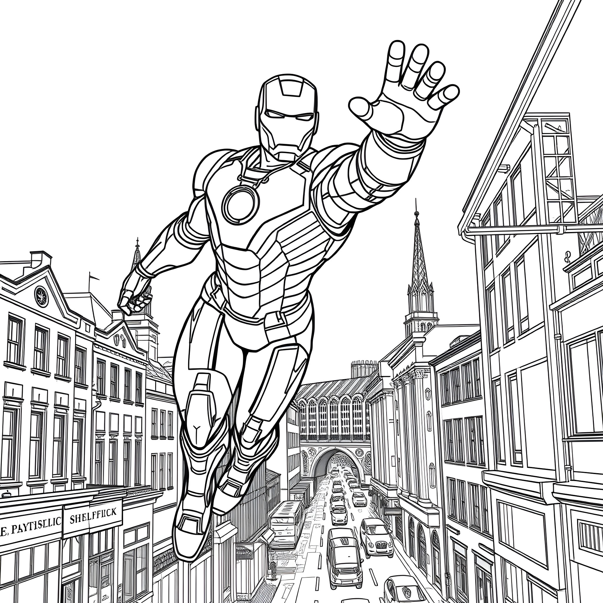 Ironman in heroic pose over cityscape Coloring Page (free black-and-white line drawing printable PDF for all, from beginners to advanced learners, including children, teens, adults, and seniors)