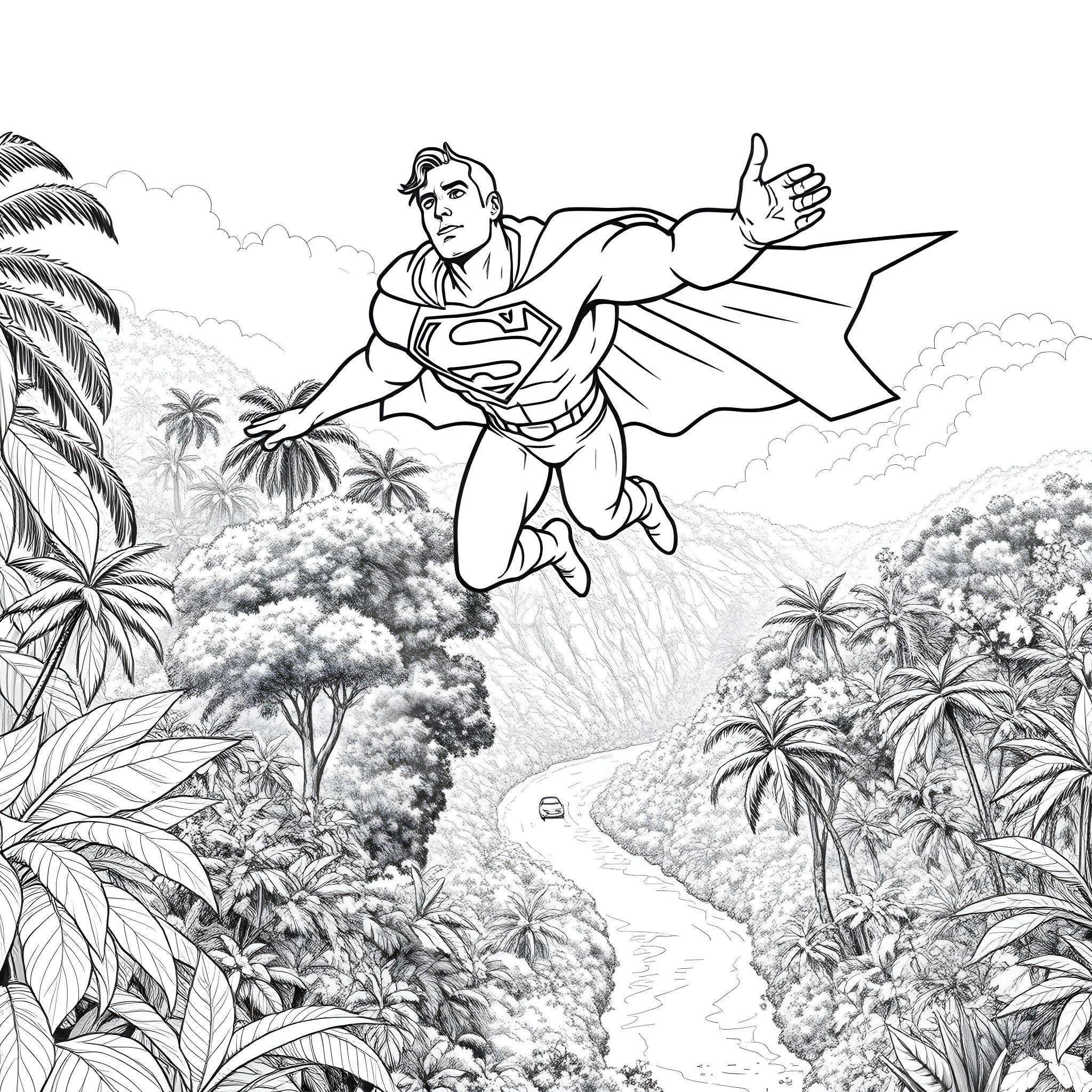 Superman flying heroically through a tropical landscape Coloring Page (free black-and-white line drawing printable PDF for all, from beginners to advanced learners, including children, teens, adults, and seniors)