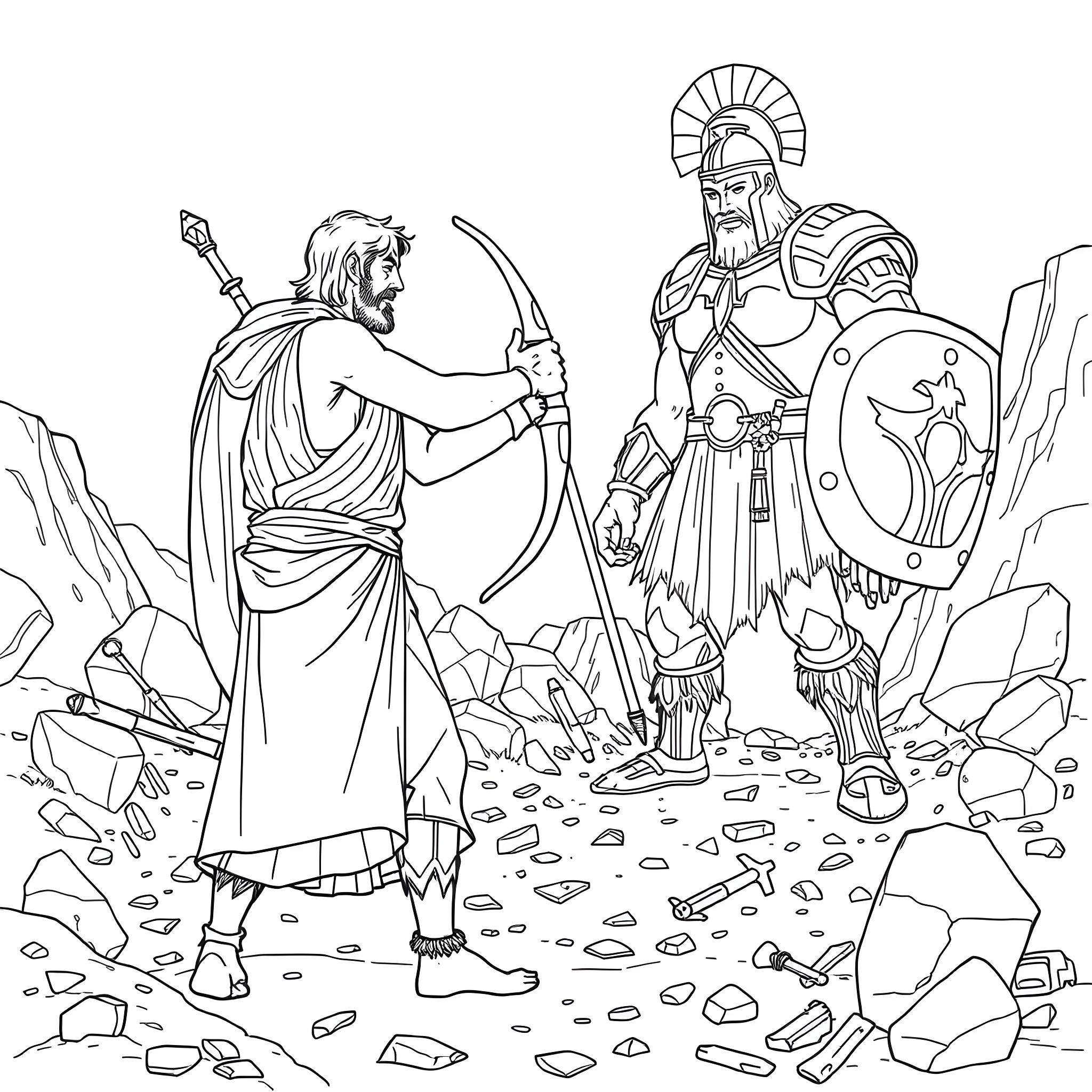 David's battle with the armored warrior Coloring Page (free black-and-white line drawing printable PDF for all, from beginners to advanced learners, including children, teens, adults, and seniors)