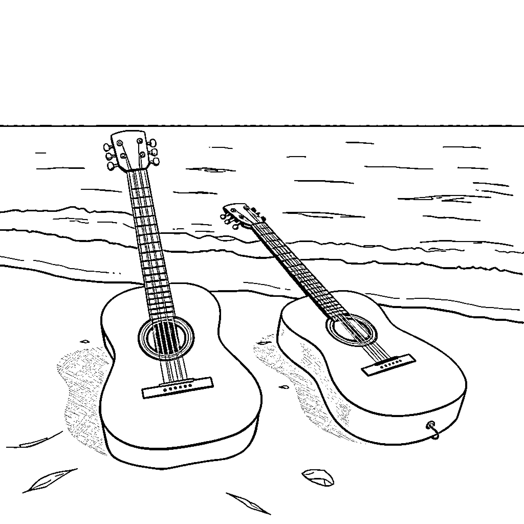 Guitar pair resting on beach Coloring Page (free black-and-white line drawing printable PDF for all, from beginners to advanced learners, including children, teens, adults, and seniors)