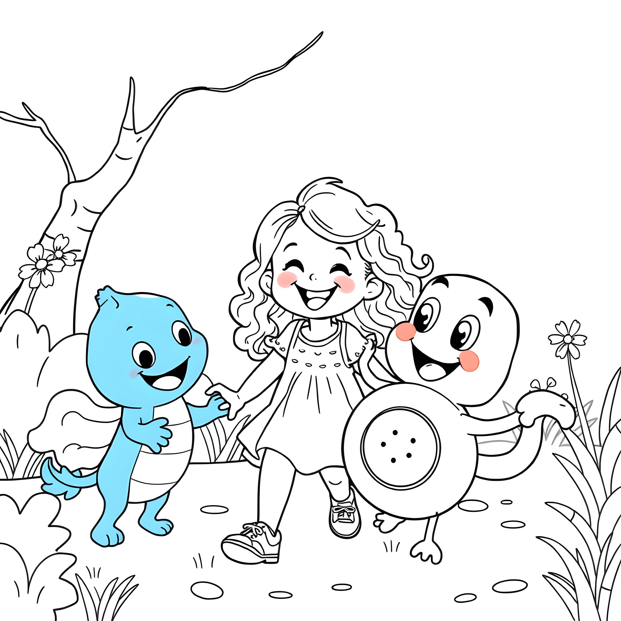 Girl playing with happy cartoon creatures in nature Coloring Page (free black-and-white line drawing printable PDF for all, from beginners to advanced learners, including children, teens, adults, and seniors)