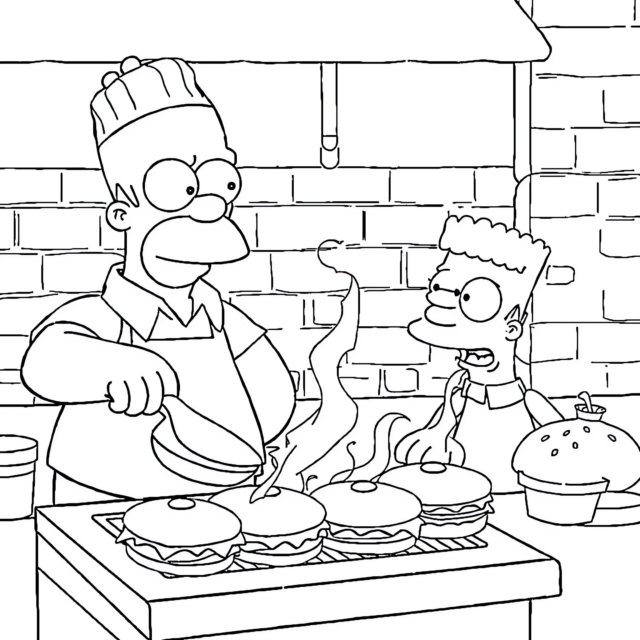 Bob Belcher and Bart Simpson in the Kitchen Coloring Page (free black-and-white line drawing printable PDF for all, from beginners to advanced learners, including children, teens, adults, and seniors)
