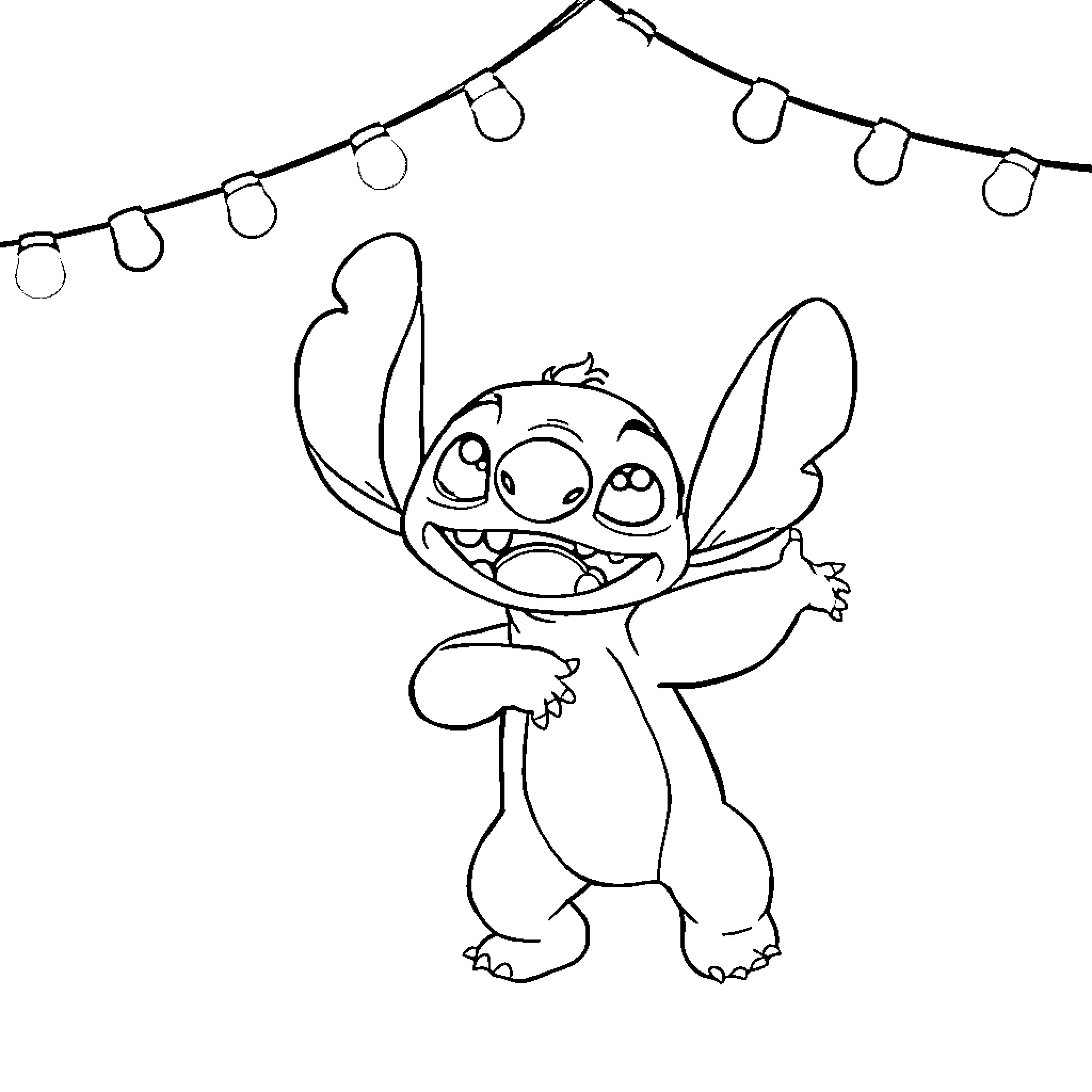Stitch celebrating under string lights Coloring Page (free black-and-white line drawing printable PDF for all, from beginners to advanced learners, including children, teens, adults, and seniors)