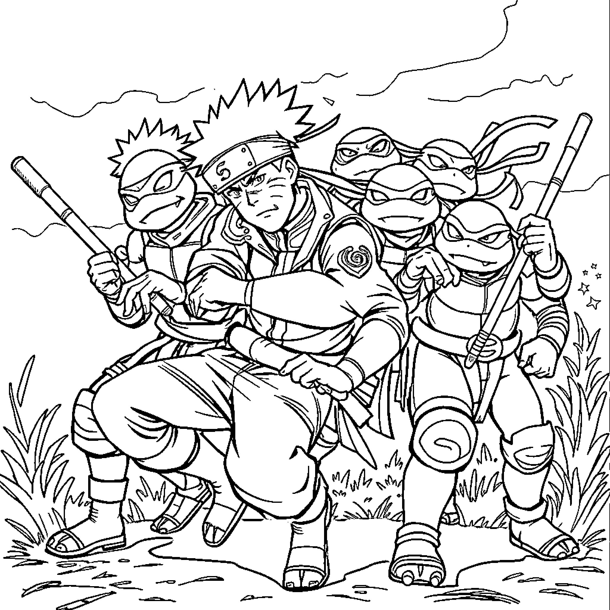 Naruto and his ninja comrades in an adventurous scene Coloring Page (free black-and-white line drawing printable PDF for all, from beginners to advanced learners, including children, teens, adults, and seniors)