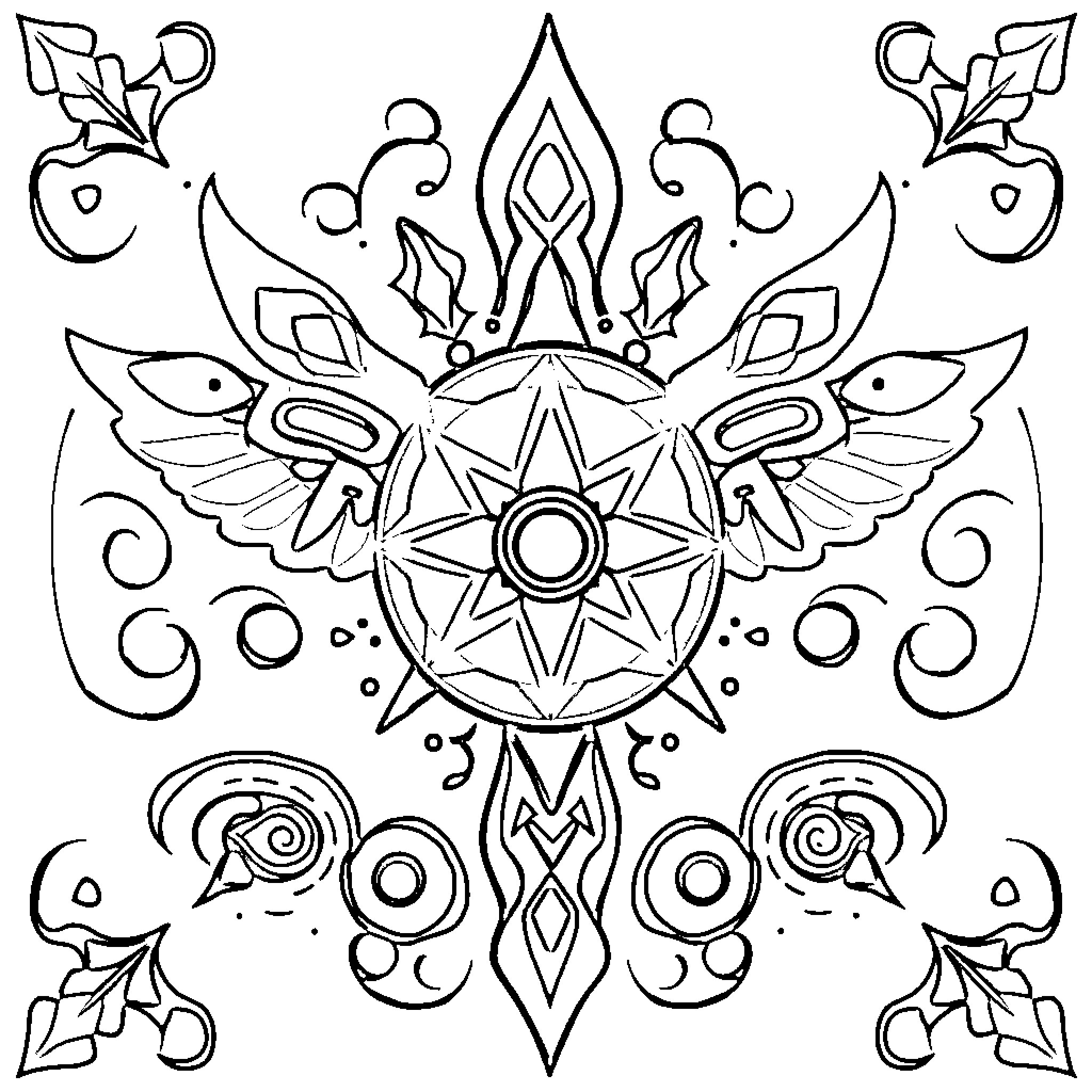 Zia Symbol with Symmetrical Patterns and Figures Coloring Page (free black-and-white line drawing printable PDF for all, from beginners to advanced learners, including children, teens, adults, and seniors)